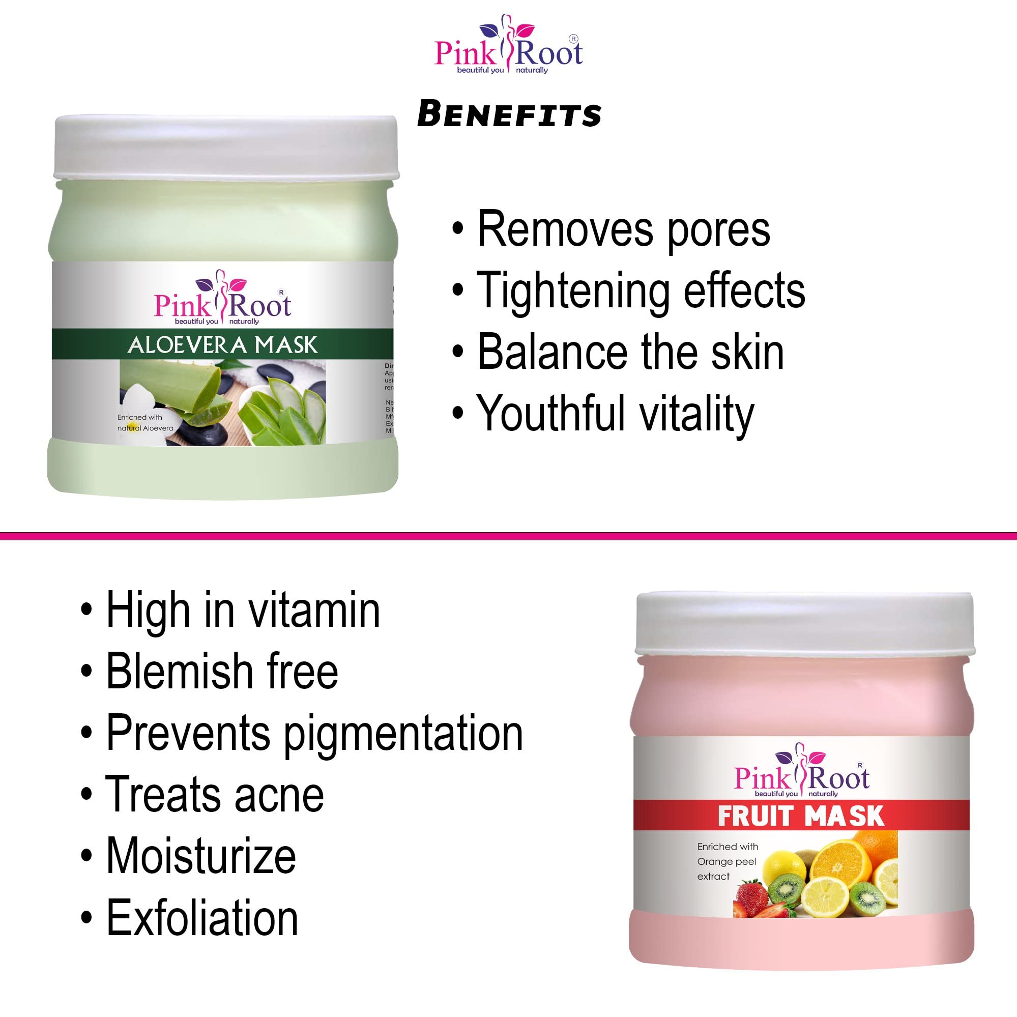 Organic Pink Root Aloe Vera Face Mask & Fruit Extract Mask Set - 500g Each - Hydrating & Brightening Skin Care for Dry & Sensitive Skin - Perfect for Spa Day & Night Routine