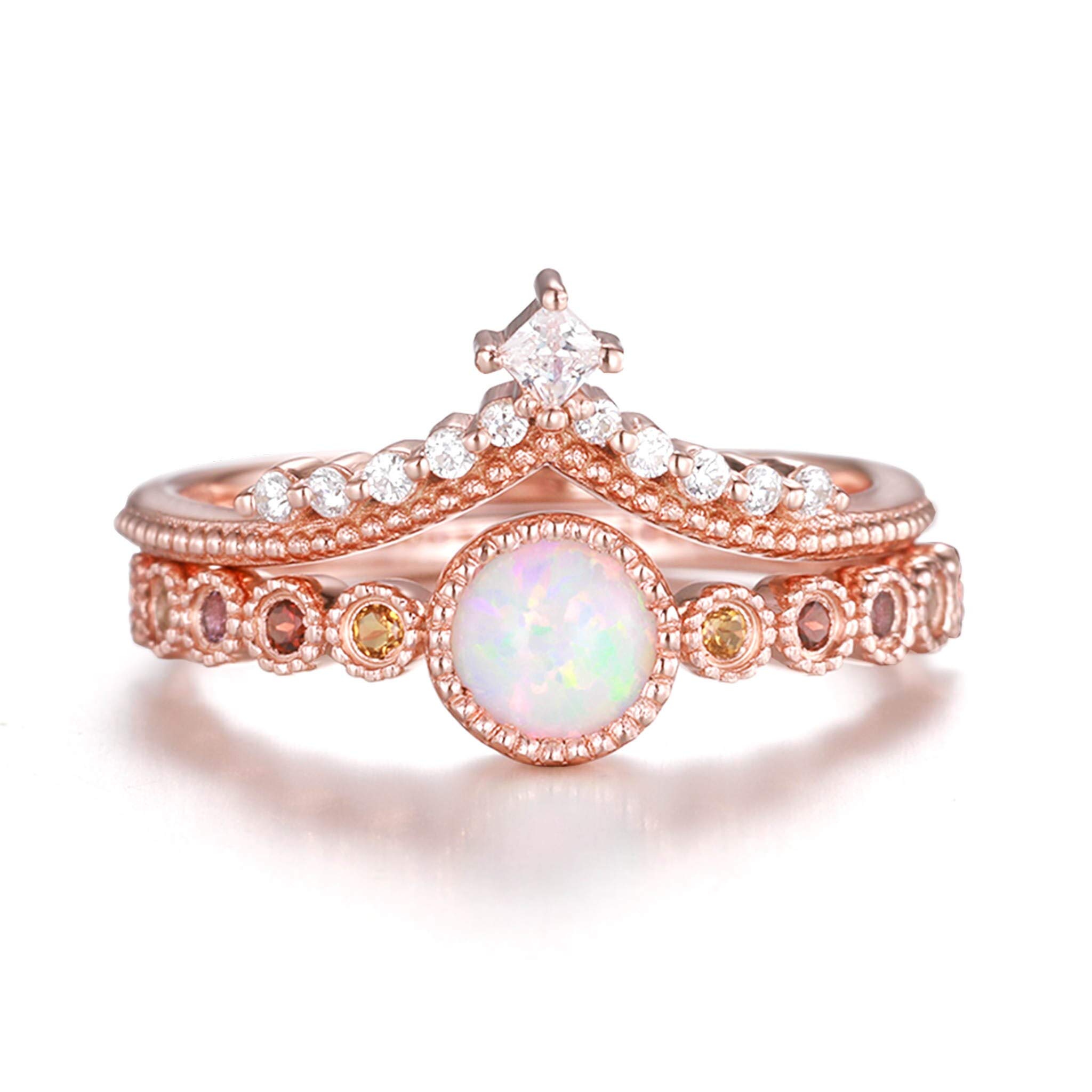Opal Silver Rose Gold Gemstone Ring Set - CZ Diamond Wedding Band, Vintage Engagement Ring for Women, Bridal Jewelry, Art Deco Retro Style, Anniversary & Promise Gift - Perfect for Weddings, Proposals & Special Occasions
