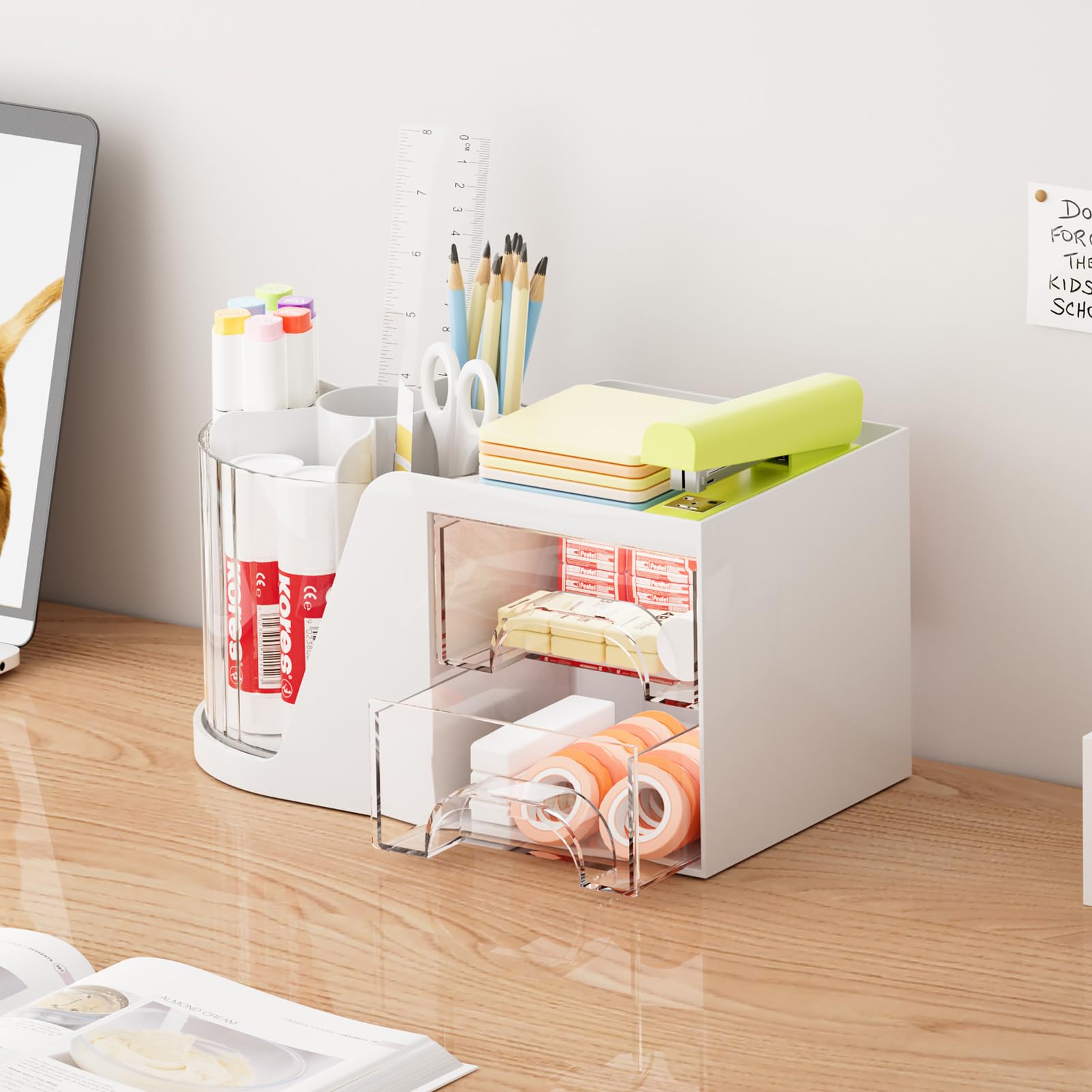 360° Rotating Desk Organizer with 6 Pen Slots & 2 Drawers - White Office Storage Caddy for Pens, Art Supplies & Stationery | Perfect for Home Office, School & Workspace Organization