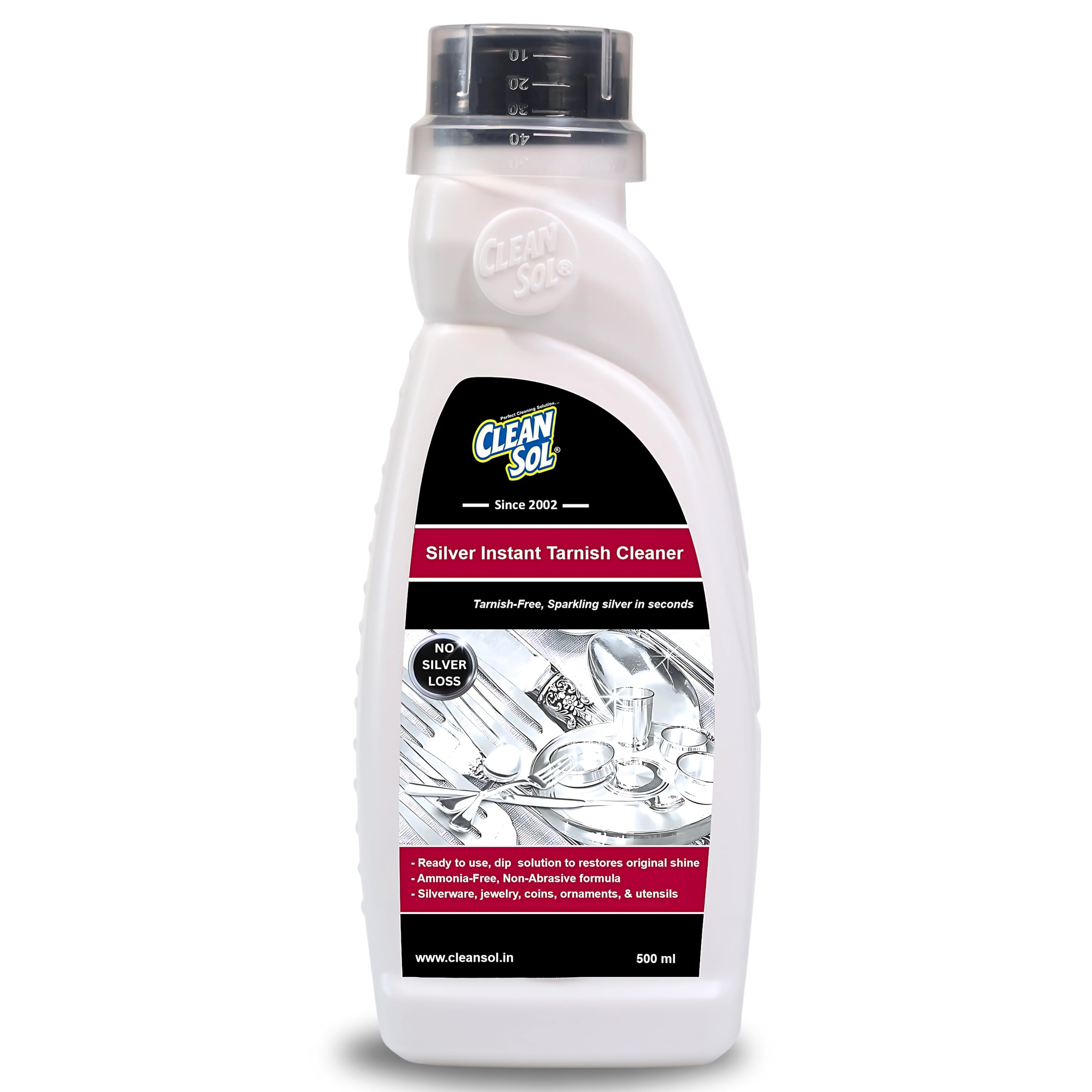 Cleansol Silver Cleaning Liquid - Instant Silver & Tarnish Cleaner Dip (500mL) - Jewelry, Silverware & Antique Restoration Solution