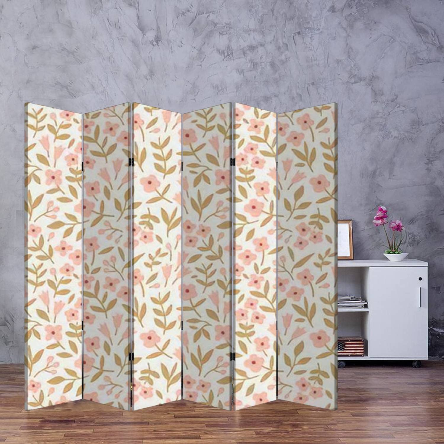 Floral Wooden Room Divider with White Background & Pink Flowers - 6-Panel Folding Privacy Screen for Home Office, Bedroom Partition & Indoor Decoration - Dual-Sided Canvas Wall Divider with Display Shelves