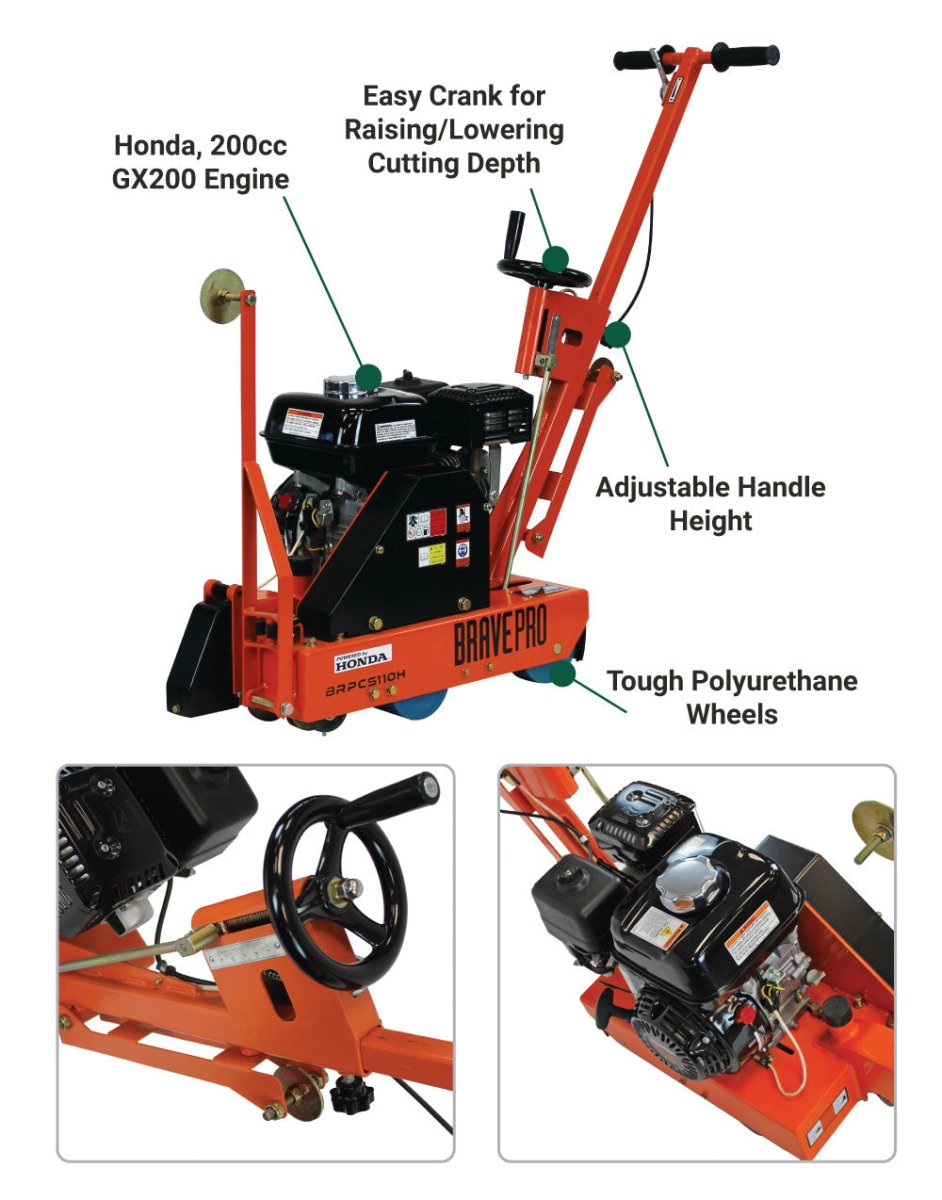 Brave Green 10-Inch Concrete Saw with Honda GX200 Engine - Perfect for Construction, Demolition & DIY Projects