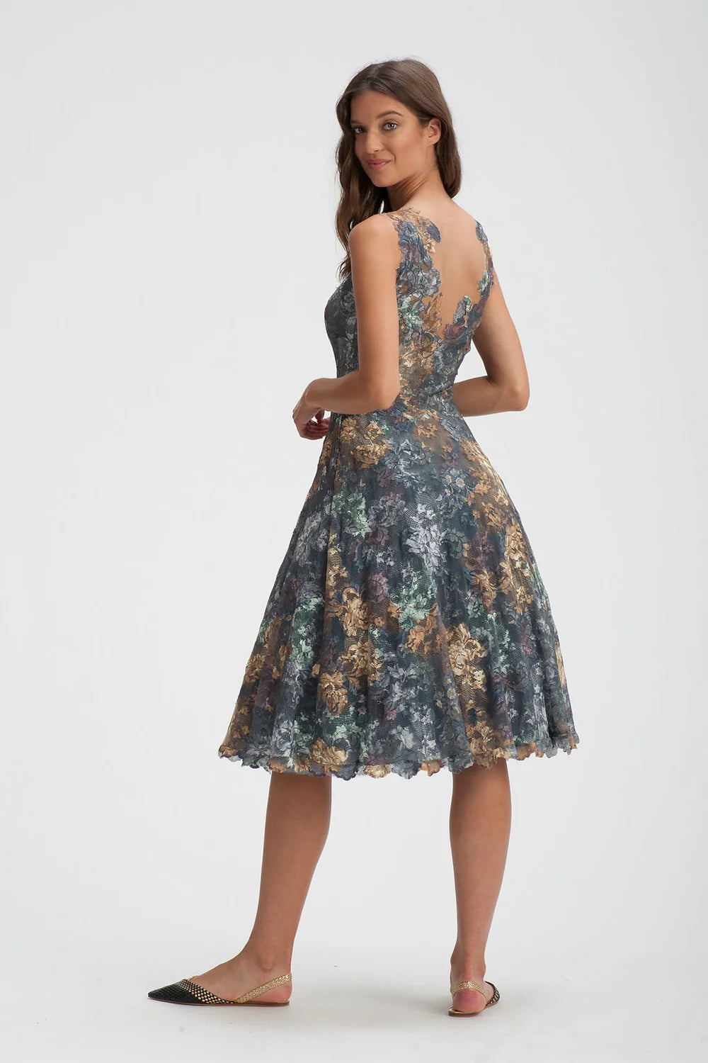 Elegant Floral Lace Tea-Length Dress for Women - Hazel Ash Color | Perfect for Garden Parties, Weddings & Special Occasions