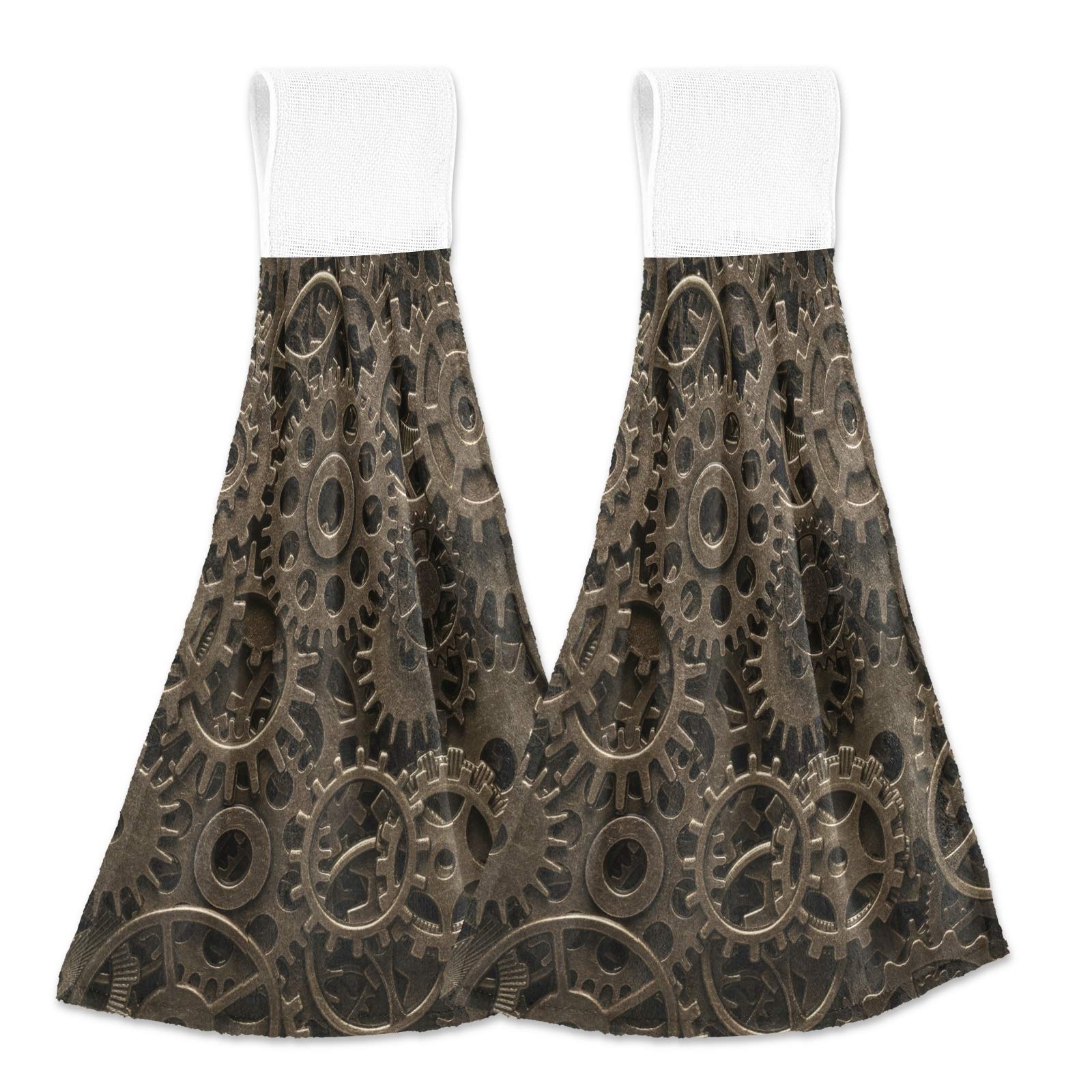 Alaza 2-Pack Steampunk Brass Cogwheels Kitchen Towels - Super Absorbent Hanging & Hand Towels for Cooking, Baking & Dish Drying - Vintage Industrial Decor for Home & Restaurant Use