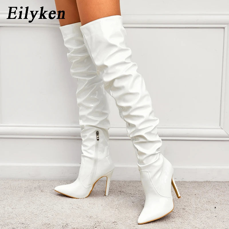 Eilyken Women's Red Over The Knee High Heel Boots - Patent Leather Pointed Toe Stiletto with Side Zipper | Fashionable Winter Boots for Party, Night Out & Date Night