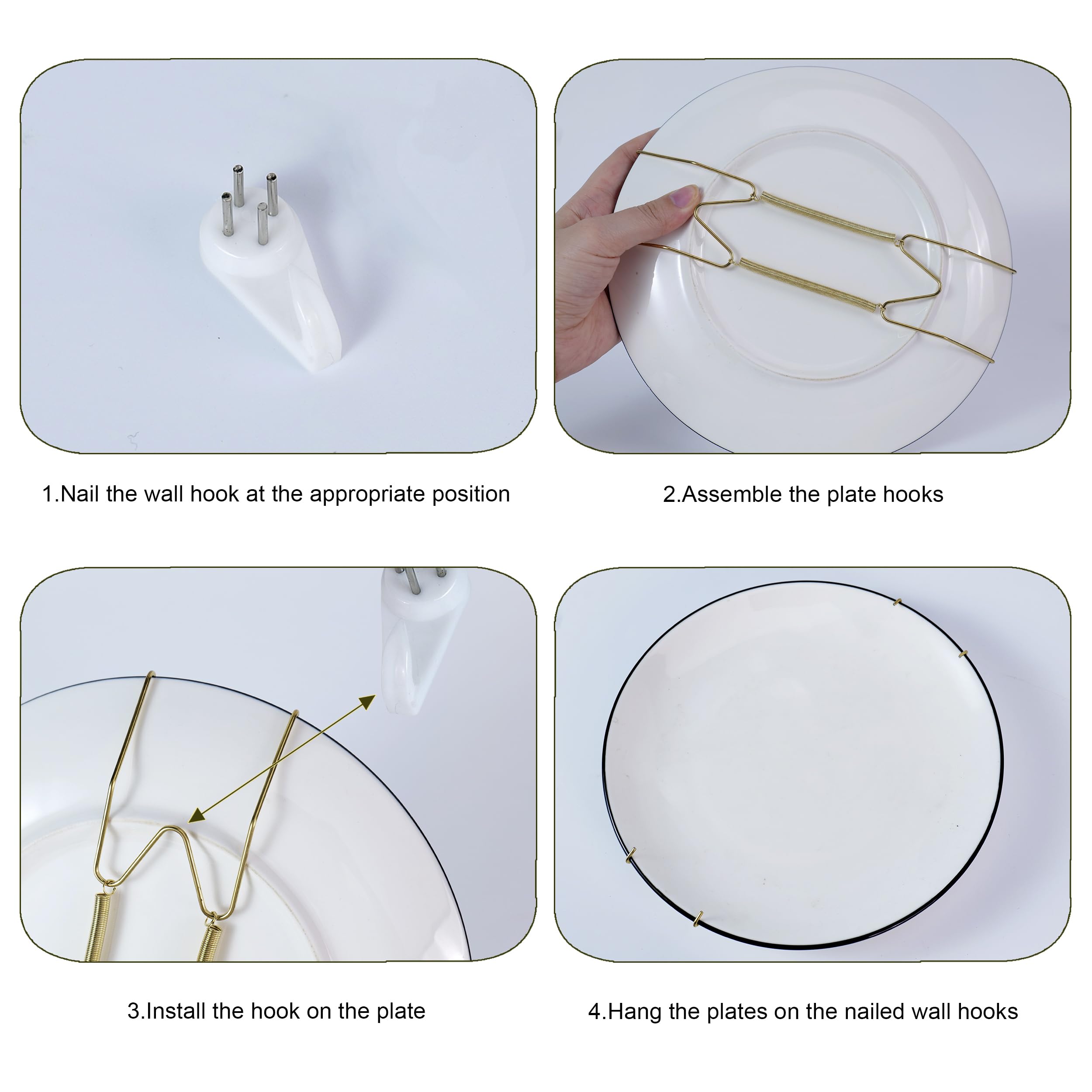 12-Piece Invisible Vertical Plate Holder Set - 6 Wall Plate Hangers with 10 Wall Hooks for Displaying Plates, Platters & Dishes (Gold, 6/8/10 Inch) - Perfect for Kitchen Decor, Dining Room Wall Art & Plate Collections