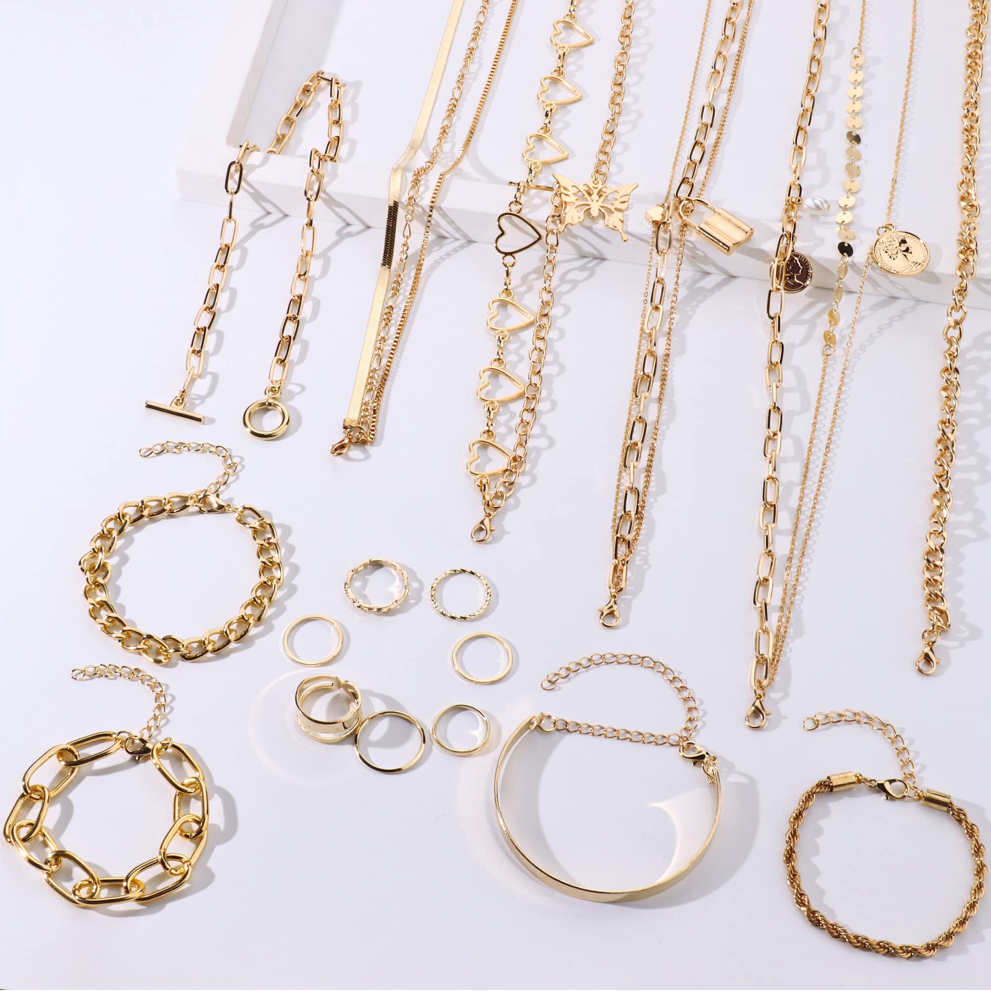 Sanfenly Women's Gold Jewelry Set - Layered Necklace, Chunky Bracelet & Knuckle Ring Set - Elegant Costume Accessories for Parties, Weddings & Daily Wear