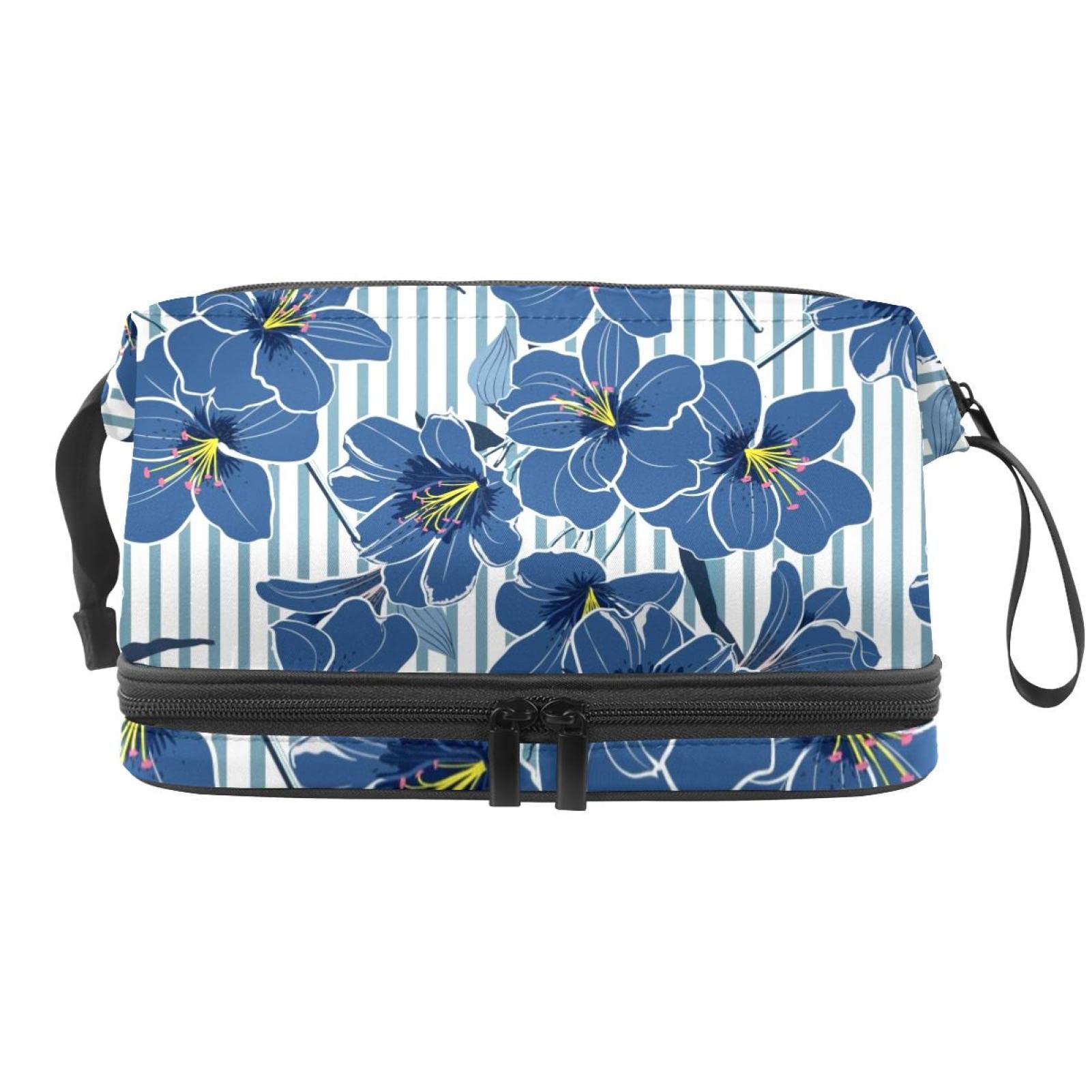 Double Layer Travel Makeup Bag with Brush Compartment - Summer Blue Flower for Women's Toiletries & Cosmetics Organization