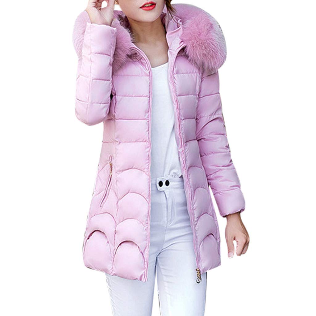 Xipoxipdo Women's Hooded Winter Coat - Long Thick Furry Collar Cotton Slim Jacket for Cold Weather, Extra Long Warm Outerwear in Pink | Perfect for Snow Days, Outdoor Activities & Casual Fashion