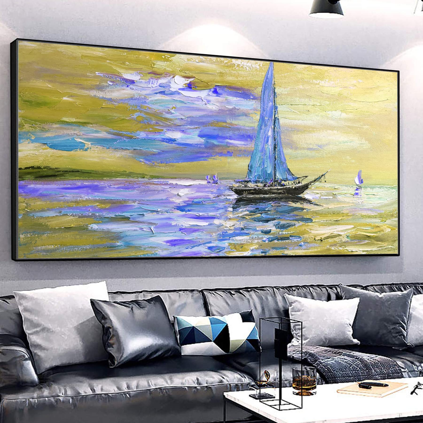 Hand-Painted Original Beach Oil Painting - 60x30 Inch Abstract Ocean Wall Art for Living Room Decor | Gold Coastal Artwork | Unframed Canvas Painting | Perfect Christmas Gift for Men | Ideal for Home, Office & Coastal-Themed Spaces
