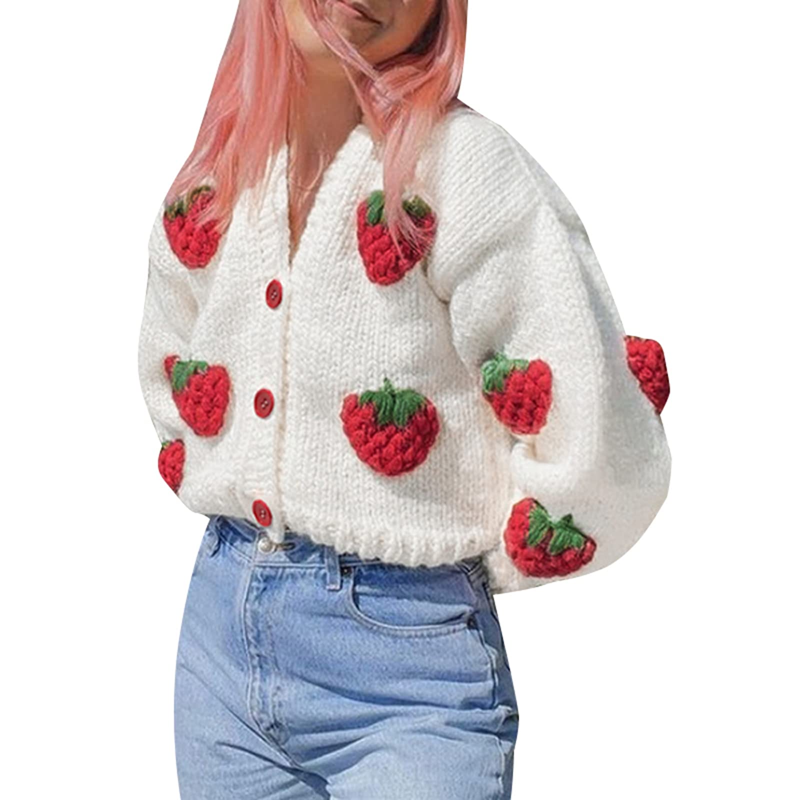 Y2K Kawaii Women's Crop Cardigan Sweater - Long Puff Sleeve Strawberry V-Neck Button Knit Top | Perfect for Casual Outfits, Date Nights & Aesthetic Instagram Photos