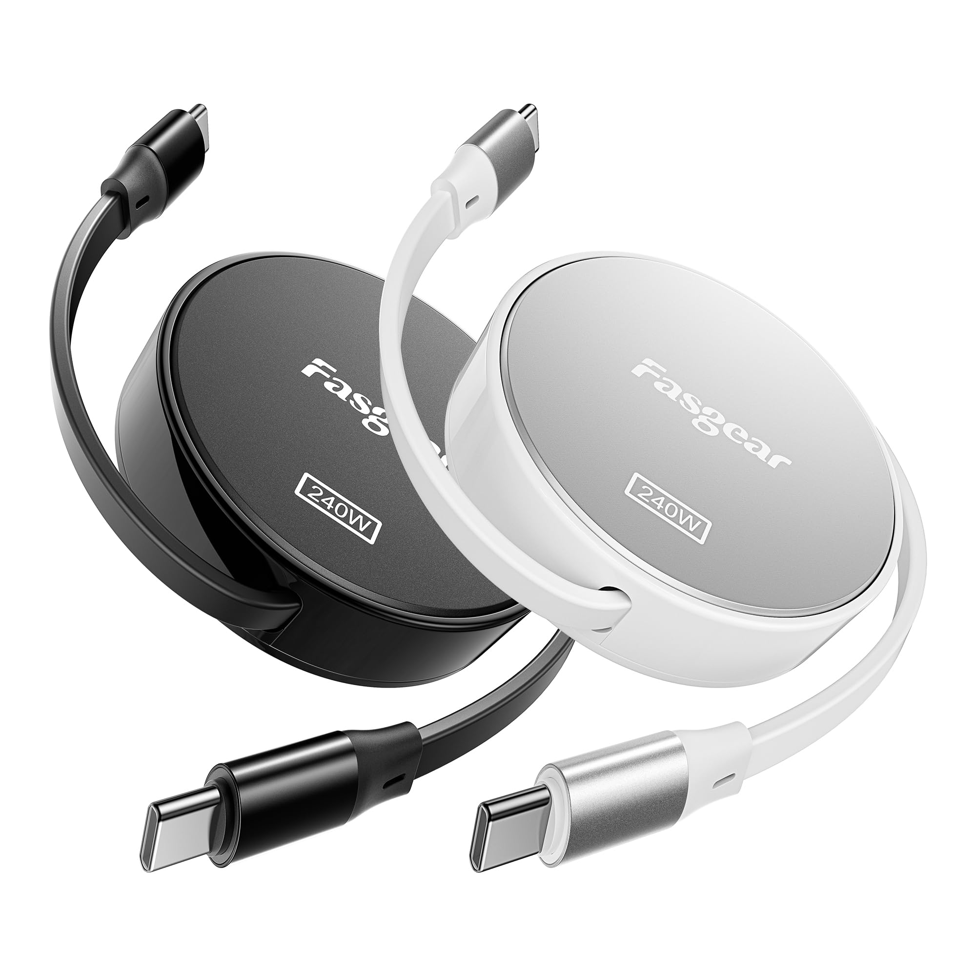 Fasgear 240W USB C to USB C Cable 3.3ft Retractable 5A Fast Charging Cord - 4-Stretch Length (Black/Silver) | Compatible with iPhone 15, MacBook Pro, PS5 Controller, ThinkPad X1 | Perfect for Travel, Office & Gaming Accessories