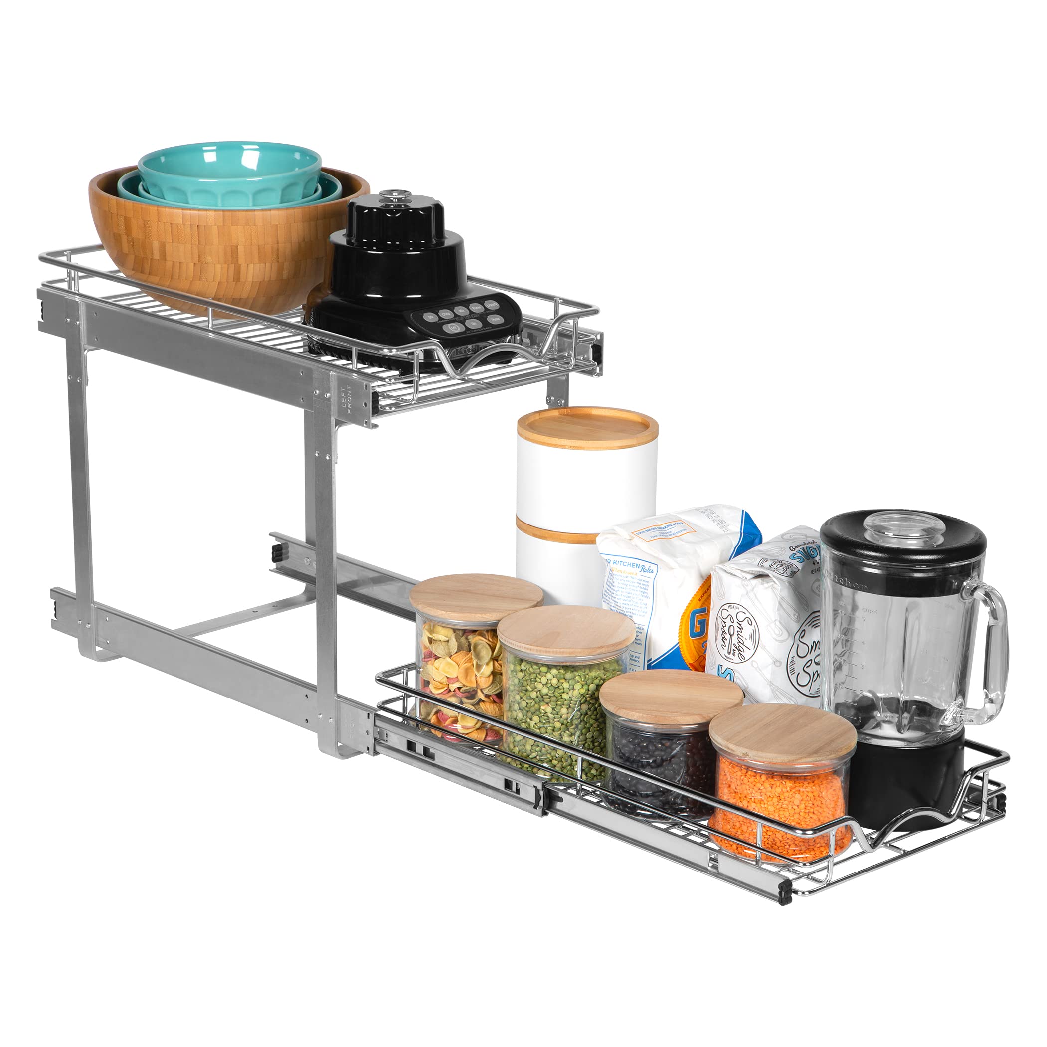 2-Tier Pull Out Cabinet Organizer - Heavy Duty Metal, Anti-Rust Chrome Finish for Kitchen & Bathroom Storage