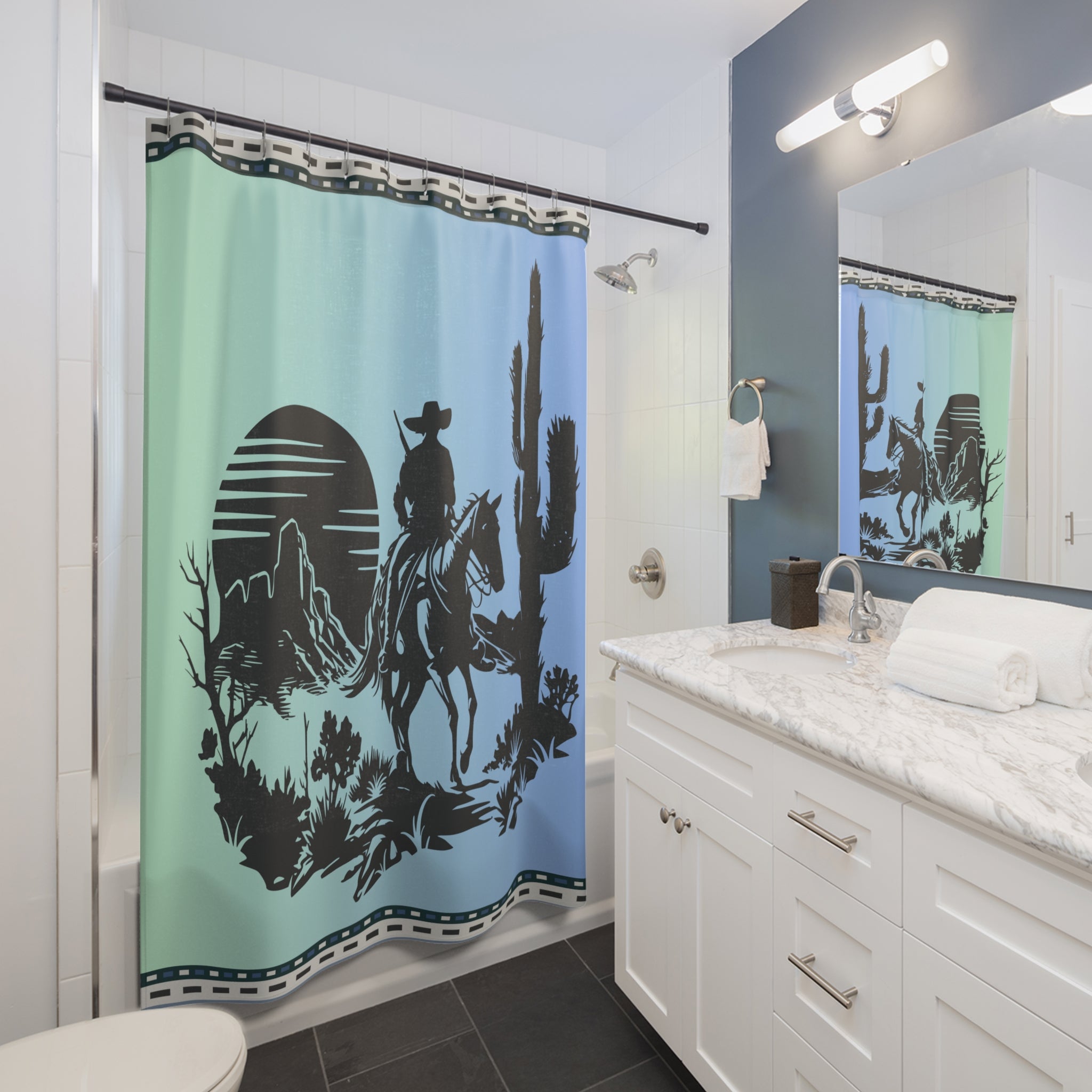 Western Shower Curtain Blue Retro - Waterproof Polyester 71 x 74 Inches for Bathroom Decor & Cowboy Theme Home Design