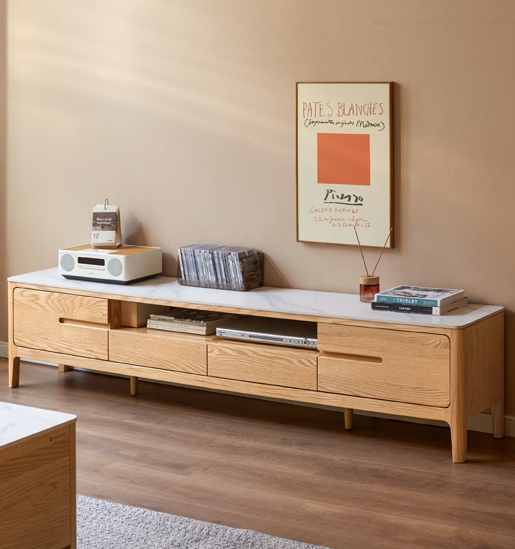 Solid Oak Wood TV Stand with Slate Top - Modern Entertainment Center for Living Room, Bedroom & Home Theater