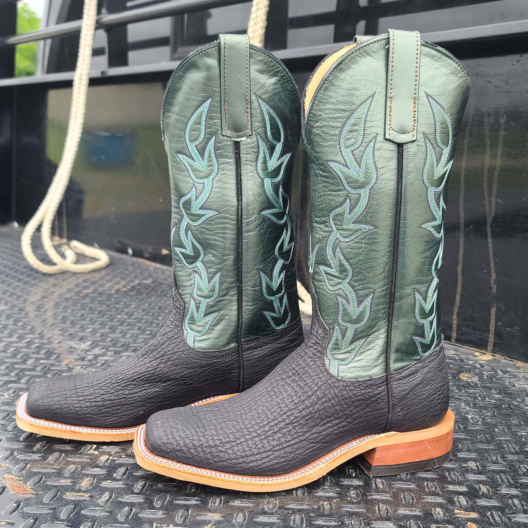 Anderson Bean Men's Black & Green Oiled Shark Leather Cowboy Boots - Durable Western Boots for Riding, Work & Country Style Fashion