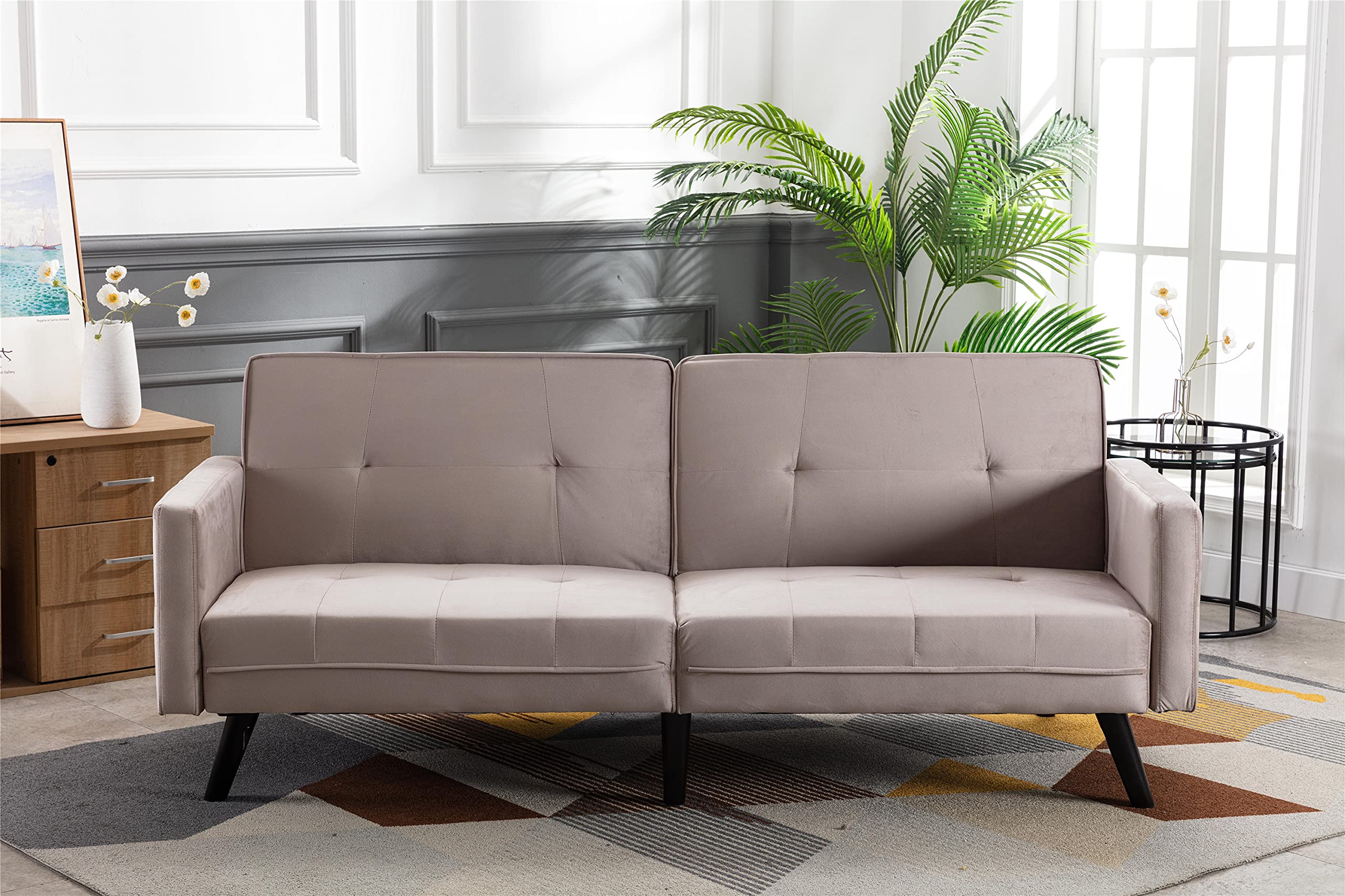 Velvet Convertible Sofa Bed with Adjustable Backrest & 6 Wooden Legs - Modern Folding Sleeper Loveseat for Living Room, Bedroom & Guest Room - Perfect for Small Spaces, Studio Apartments & Overnight Guests