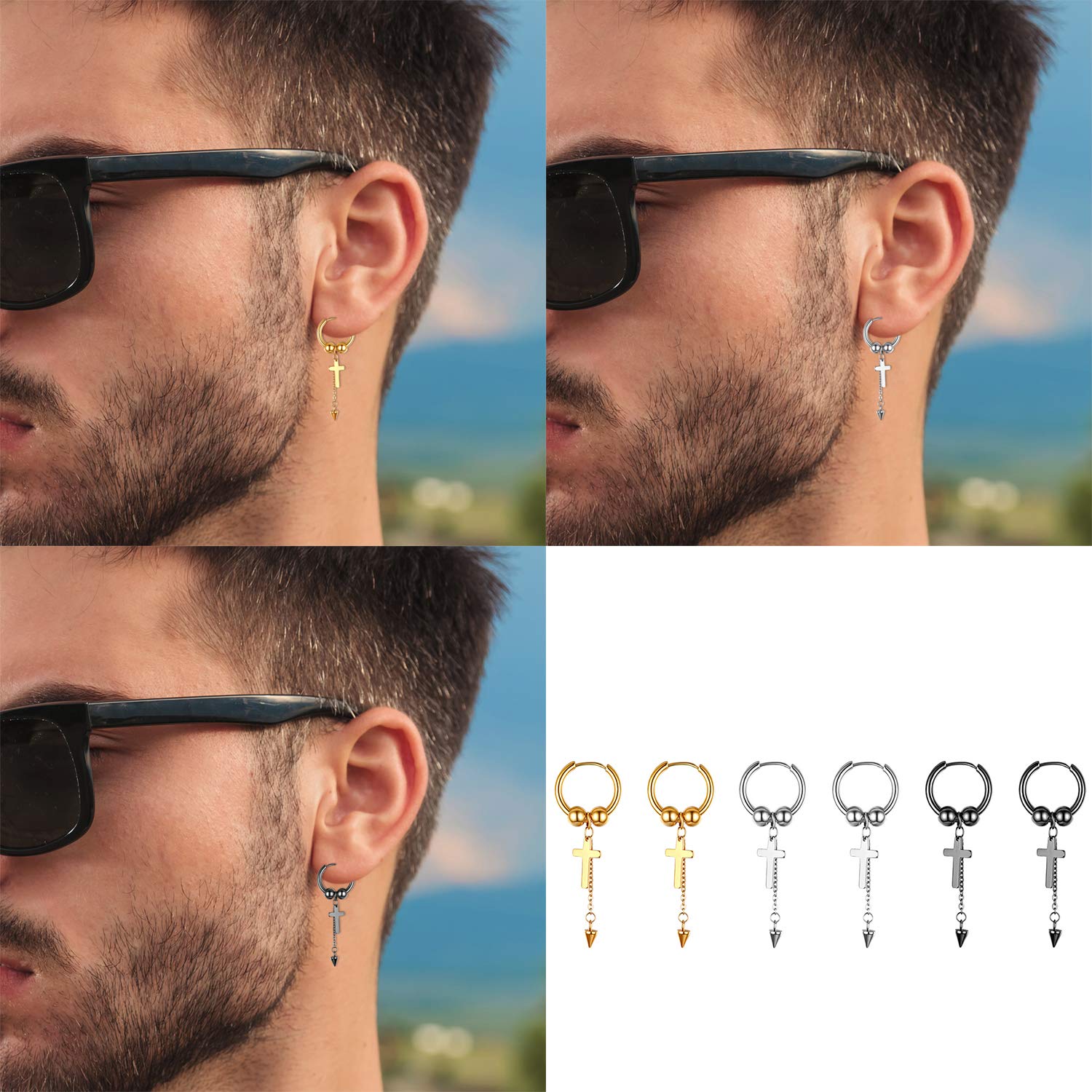 Cupimatch 3 Pairs Cross Dangle Hoop Earrings Set for Men & Women - Punk Cone Tassel Stainless Steel Huggie Hoop Earrings for Pierced Ears | Gothic Jewelry for Parties, Concerts & Everyday Wear