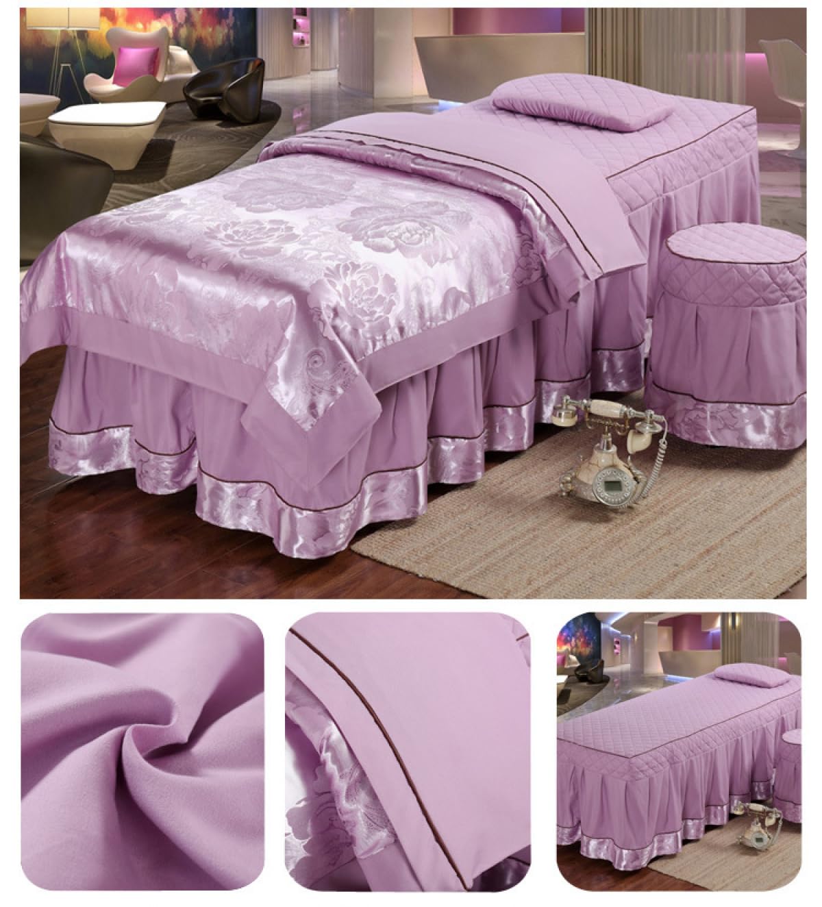 Premium 4-Piece Jacquard Massage Table Sheet Set with Hole - Thickened Spa Bed Linens & Skirt for Salon, Physiotherapy & Beauty Treatments - Perfect for Professional Massage Therapy, Facial Treatments & Relaxation Sessions