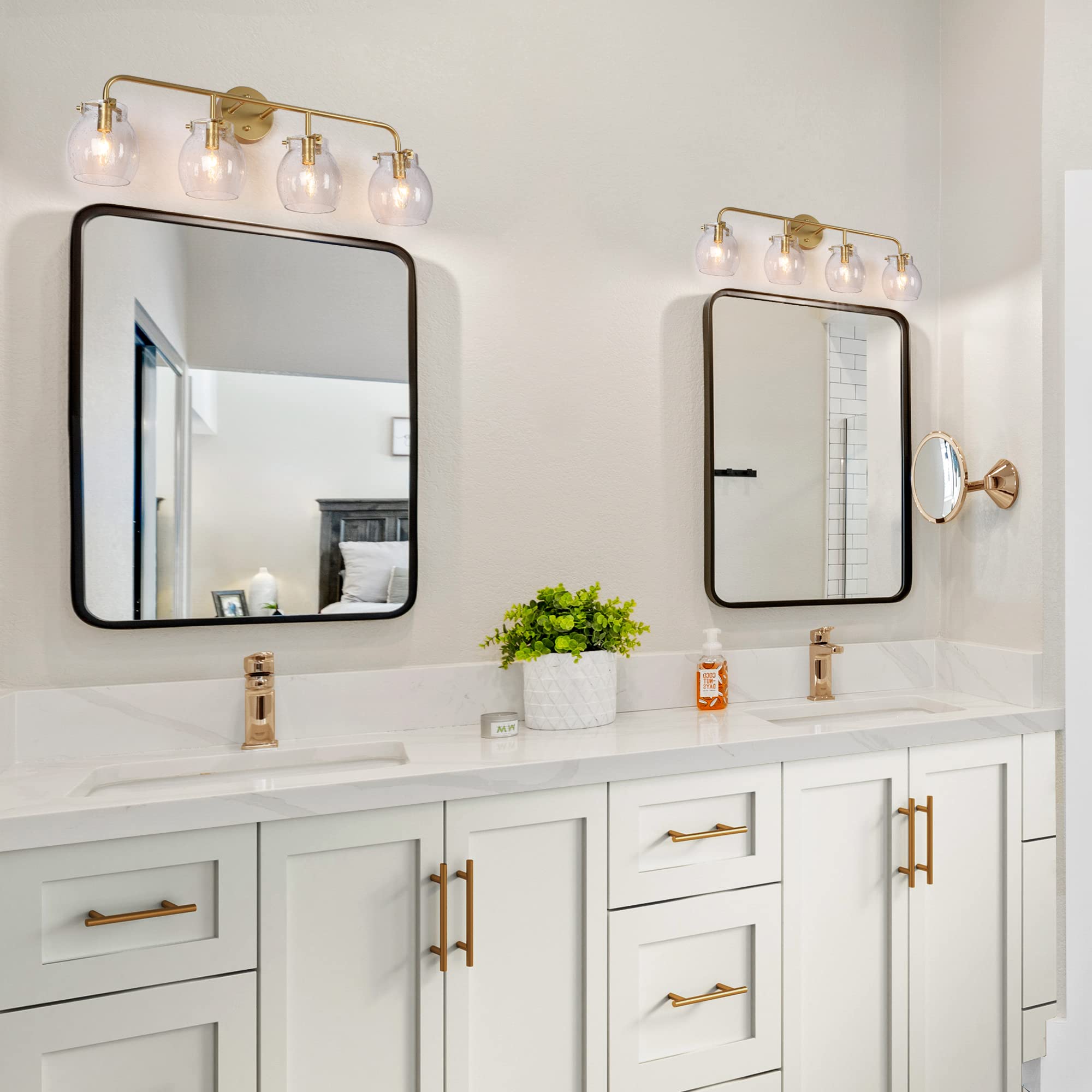 Modern Gold Vanity Lights with Seeded Glass - 4 Light Bathroom Fixture for Mirror (29