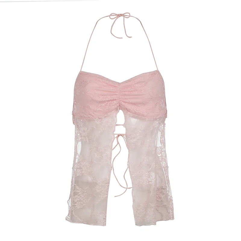 Sexy Pink Lace Backless Halter Top - Y2K Transparent Tie-Up Camisole for Summer & Party | Cute Coquette Style for Club, Date Night & Beach Outfits