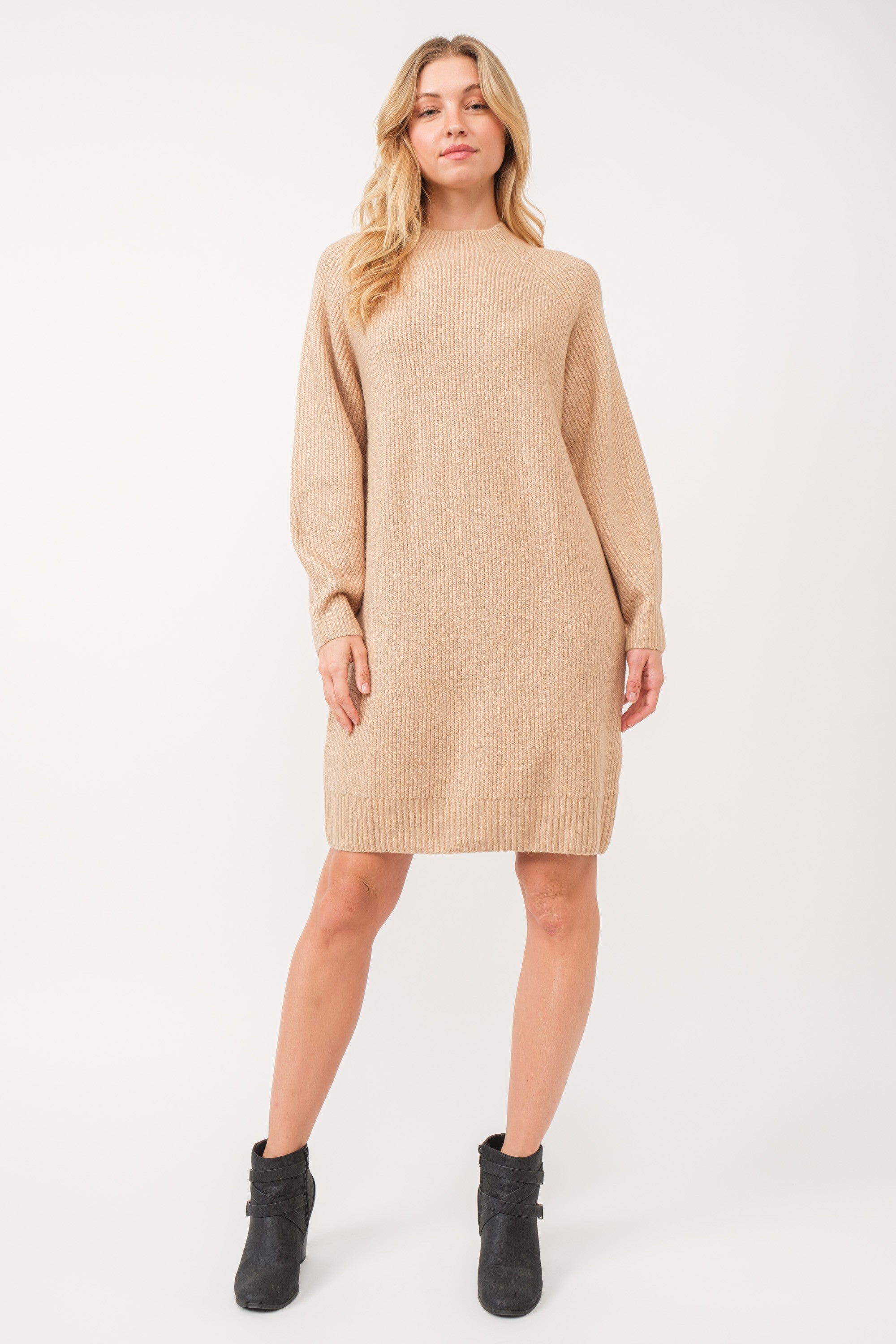 Beige Mock Neck Sweater Dress for Women - Soft Knit Winter Long Sleeve Bodycon Dress - Perfect for Office, Date Night & Holiday Parties