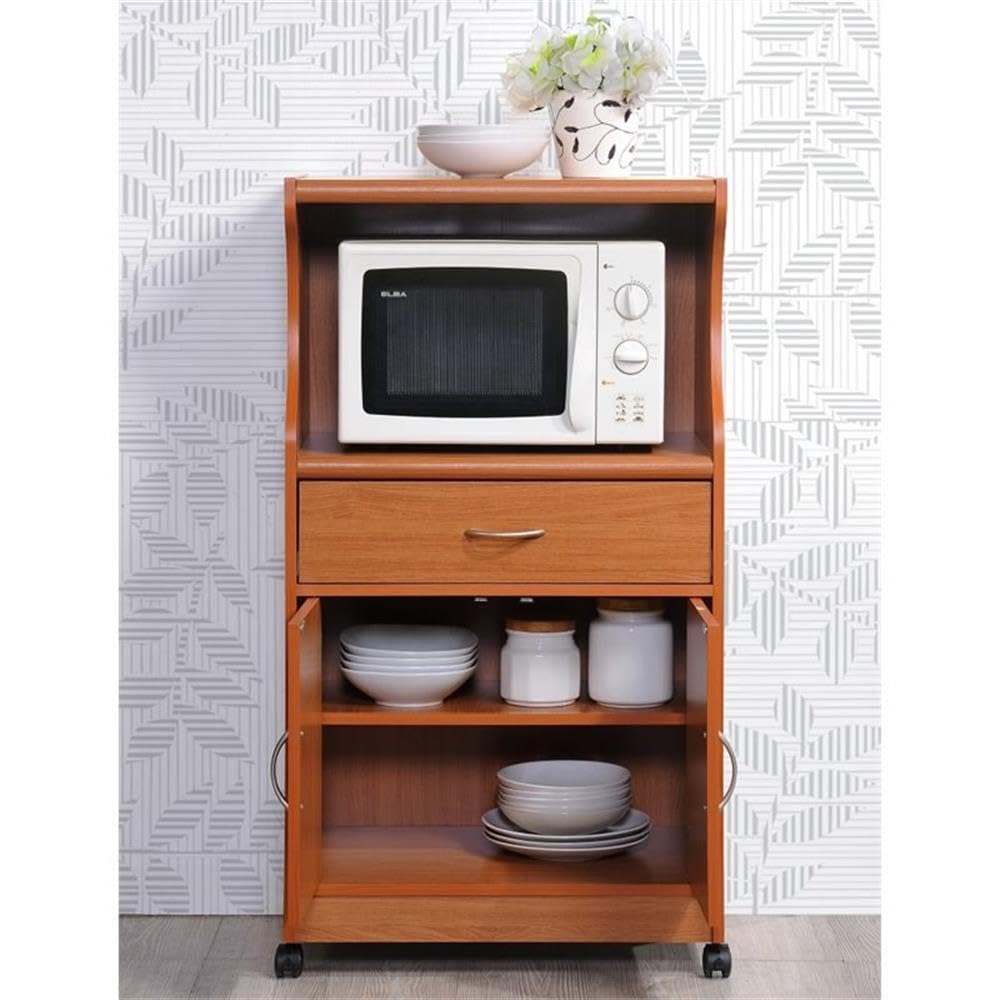 HODEDAH Imported Microwave Cart with Storage - 1 Drawer, 2 Doors & Shelf, Cherry Finish - Perfect for Kitchen, Dorm, or Small Space Organization