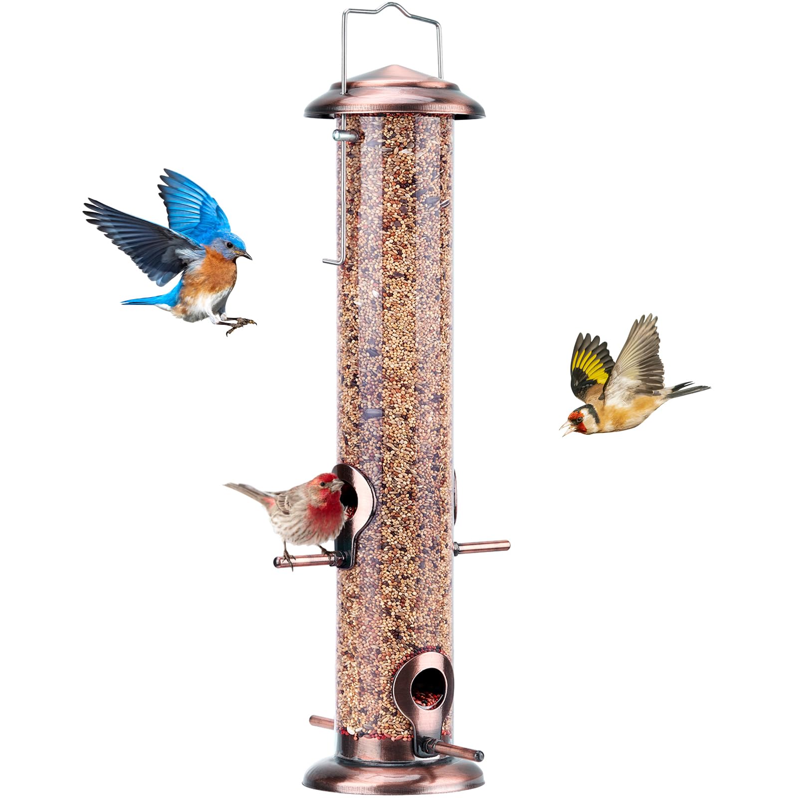 Kingsyard Extra Thick 15-inch Metal Tube Bird Feeder with Steel Hanger & 4 Feeding Ports - Chew-Proof, Weather & Water Resistant Antique Copper Design - Perfect for Outdoor Garden, Patio, and Backyard Bird Watching