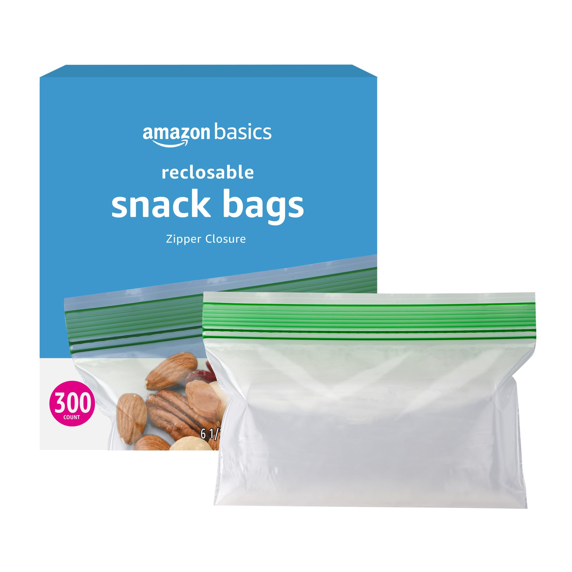 Amazon Basics Reusable Snack Storage Bags - 300 Count BPA-Free Food Grade Ziplock Bags for Lunch, Meal Prep, Travel & On-the-Go Snacks