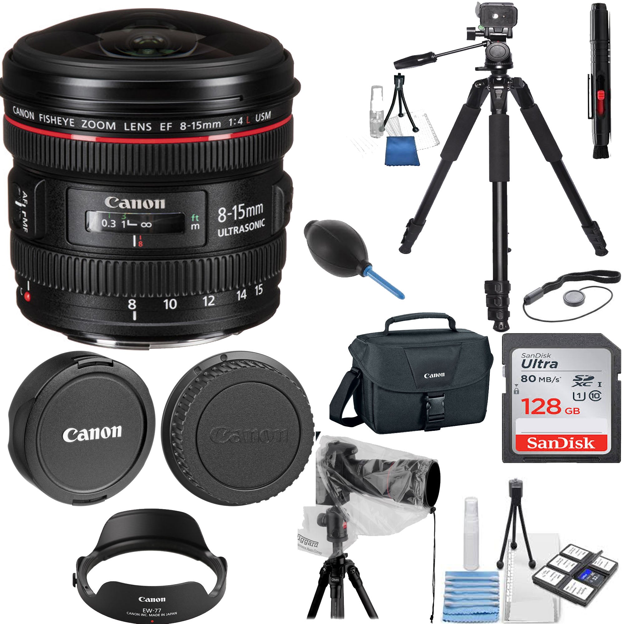 Canon EF 8-15mm f/4L Fisheye USM Lens with SanDisk 128GB Extreme Pro SD Card & Cleaning Kit - Professional Ultra Wide Angle Photography for Landscapes, Architecture, and Creative Shots