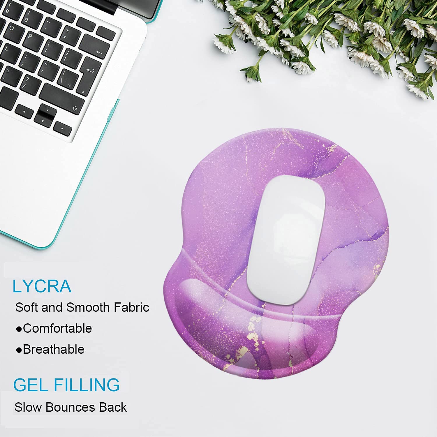 Ergonomic Wrist Mouse Pad with Comfortable Wrist Rest Support - Smooth Cloth Gaming Mouse Pad for Computer, Laptop, Home & Office Use - Perfect for Long Work Hours & Gaming Sessions (Marble Light Purple)