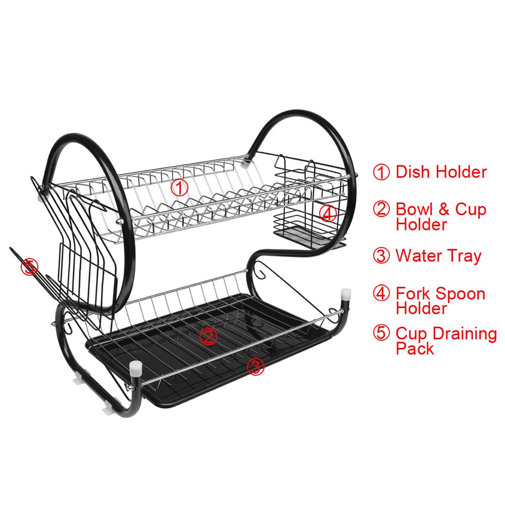 Multifunctional S-Shaped Dual Layer Dish Rack for Bowls, Plates, Chopsticks & Spoons - Space Saving Kitchen Organizer with Drainage - Perfect for Small Kitchens, Dorms & Apartments (Black)