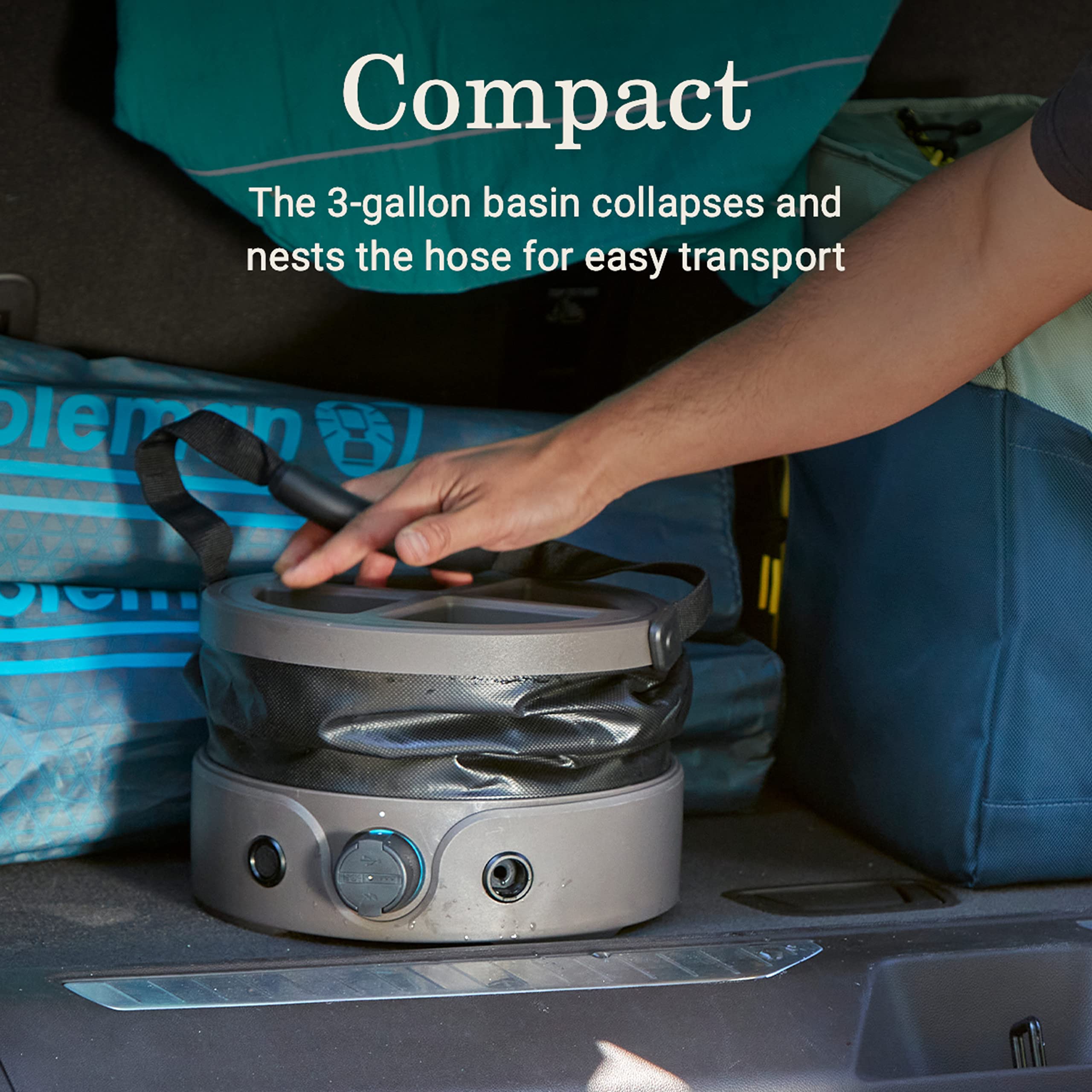 **Coleman OneSource Rechargeable Outdoor Camping Gear Set - Portable Camp Shower, Cordless Vacuum, Fan, Bluetooth Speaker & Air Pump with Included Battery - Perfect for Camping, Hiking & RV Trips**