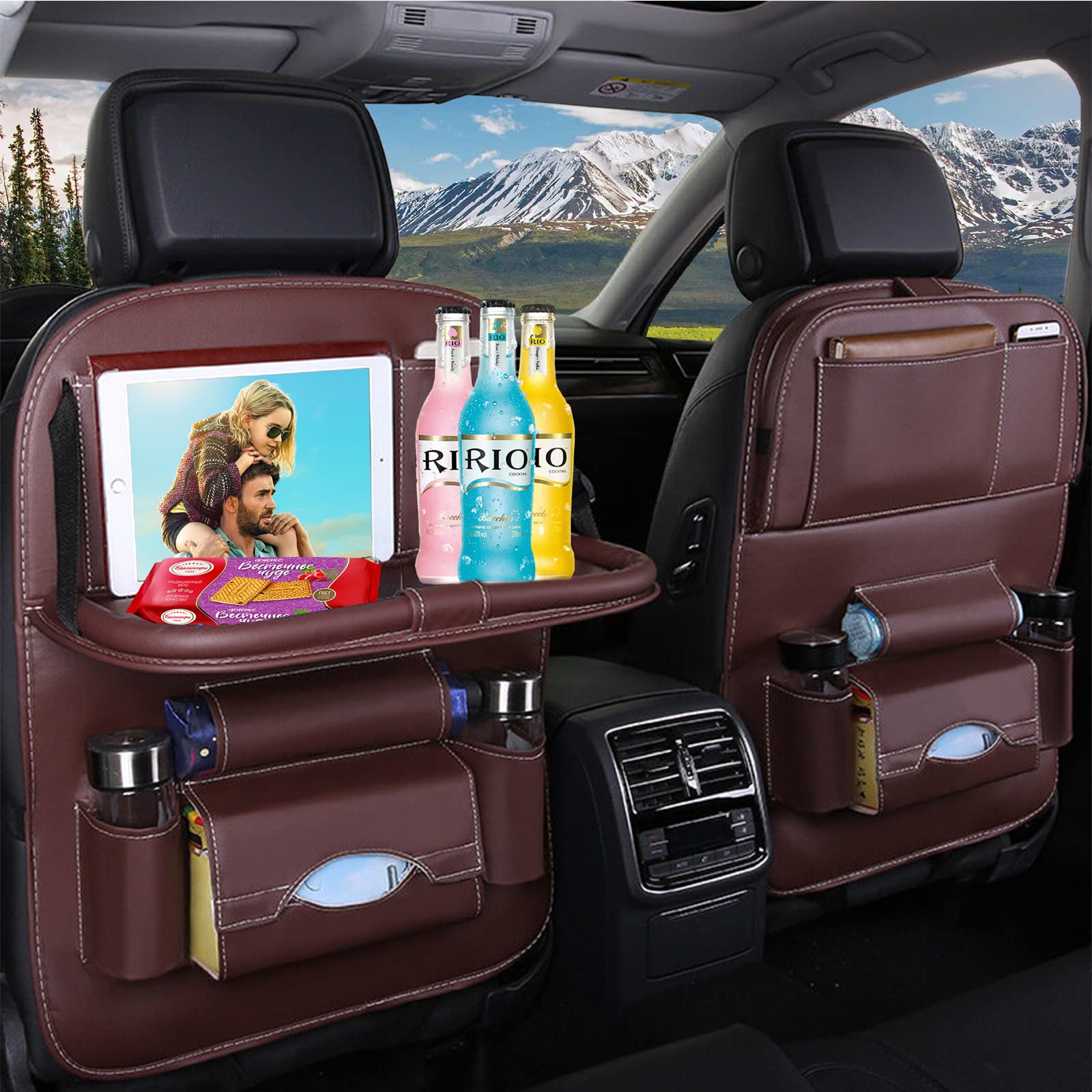 Foldable Car Back Seat Organizer with PU Leather Table Tray - Kids Travel Organizer, Backseat Storage Pocket & Tablet Holder - Perfect for Road Trips, Snacks, and Entertainment