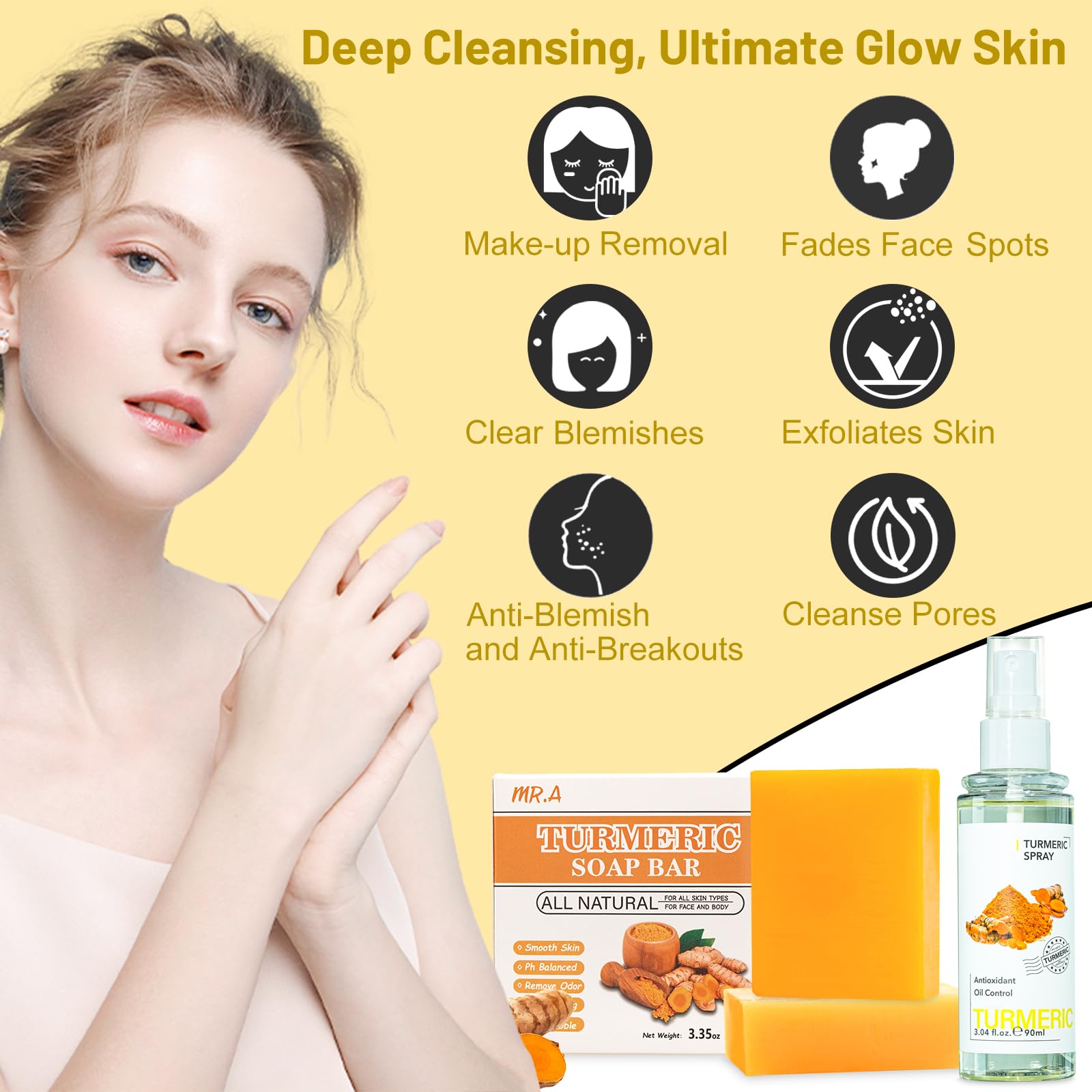 Organic Turmeric Soap Bar & Facial Mist Set - 2PCS Vitamin C Enriched Lemon Turmeric Soap for Face & Body + 1PC Antibacterial Turmeric Face Spray | Natural Skincare, Acne Treatment, Brightening & Hydration | Perfect for Daily Cleansing, Travel & Gift Giving