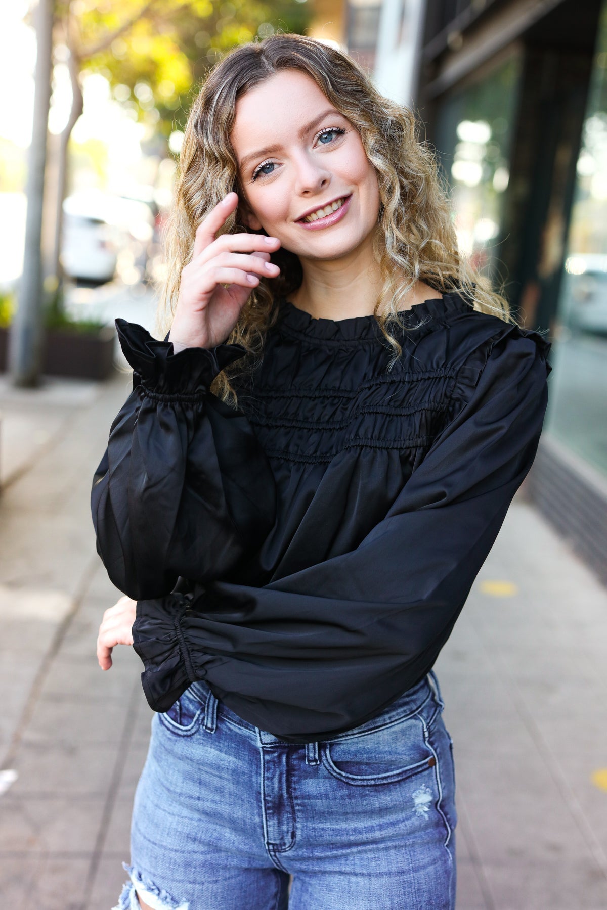 Black Satin Shirred Yoke Frilled Mock Neck Top for Women - Elegant Party & Evening Wear