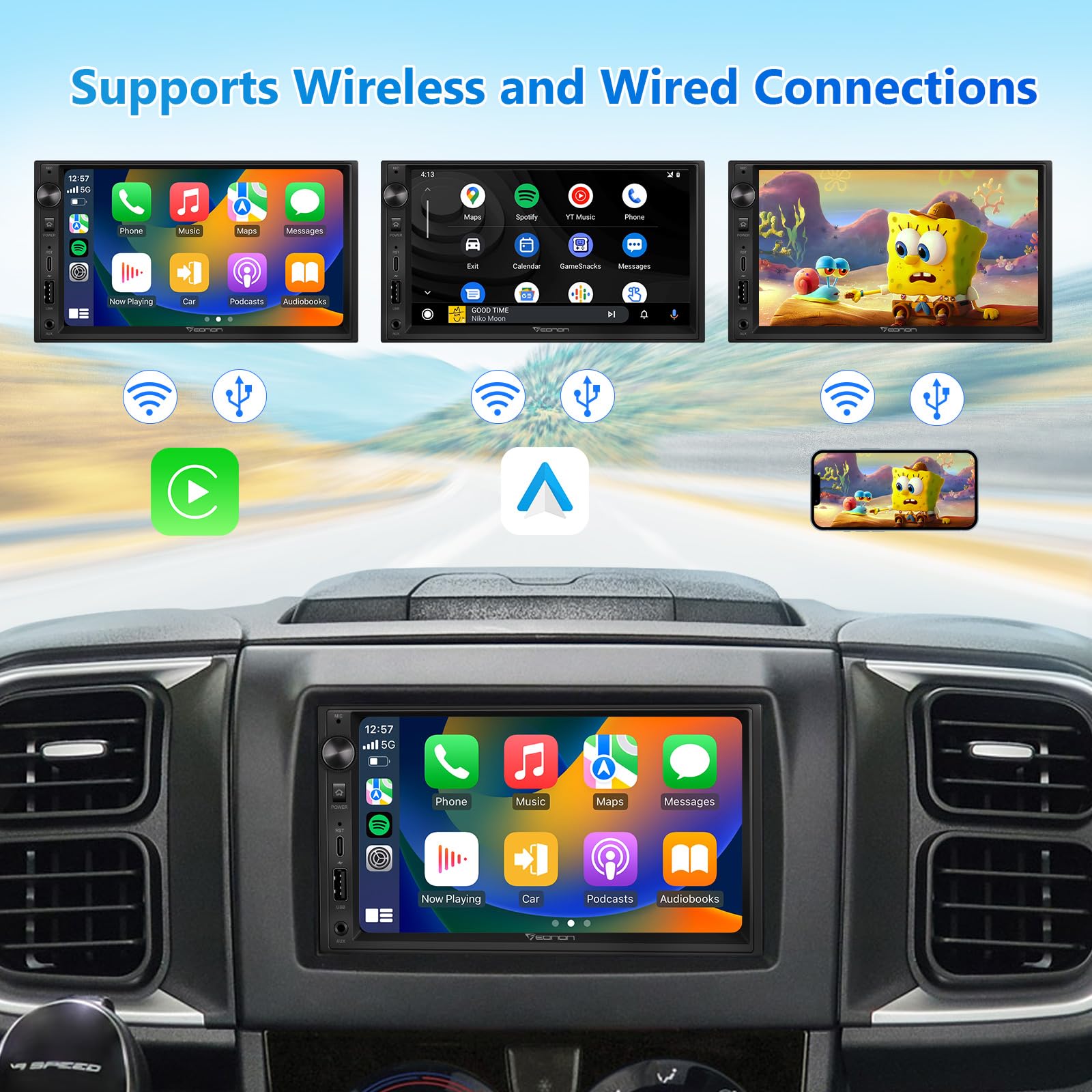 Eonon 7 Inch QLED Double Din Car Stereo with Wireless CarPlay & Android Auto - Bluetooth, USB, DSP, Fast Charge, Touchscreen, MirrorLink, Backup Camera - Compatible with Most Vehicles for Road Trips & Daily Commute