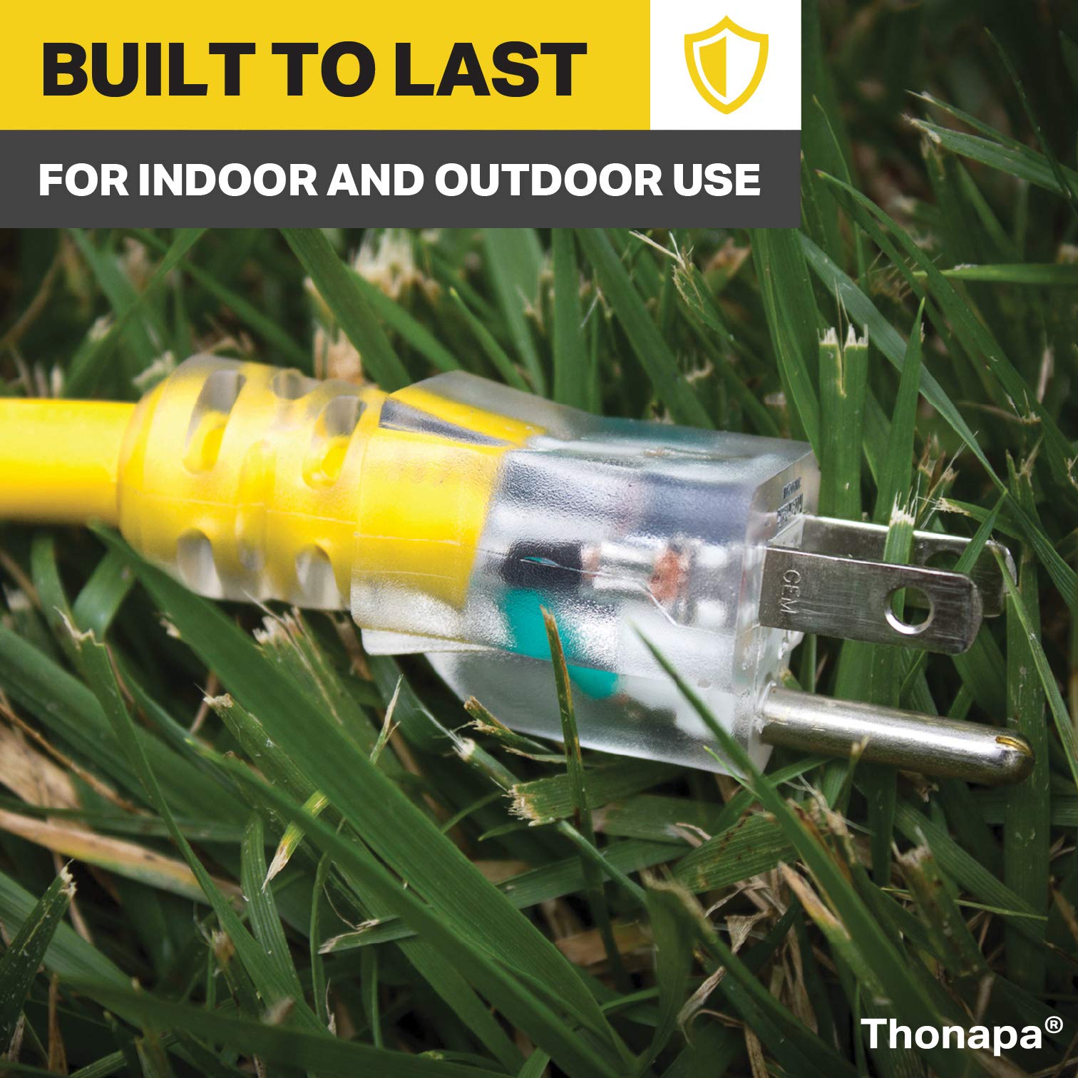 **100 ft Heavy Duty 12 Gauge 15 Amp Outdoor Extension Cord with 3 Outlets & Light - SJTW Yellow - Ideal for Power Tools, Garden Equipment, and Major Appliances - Perfect for Construction, Landscaping, and Outdoor Events**
