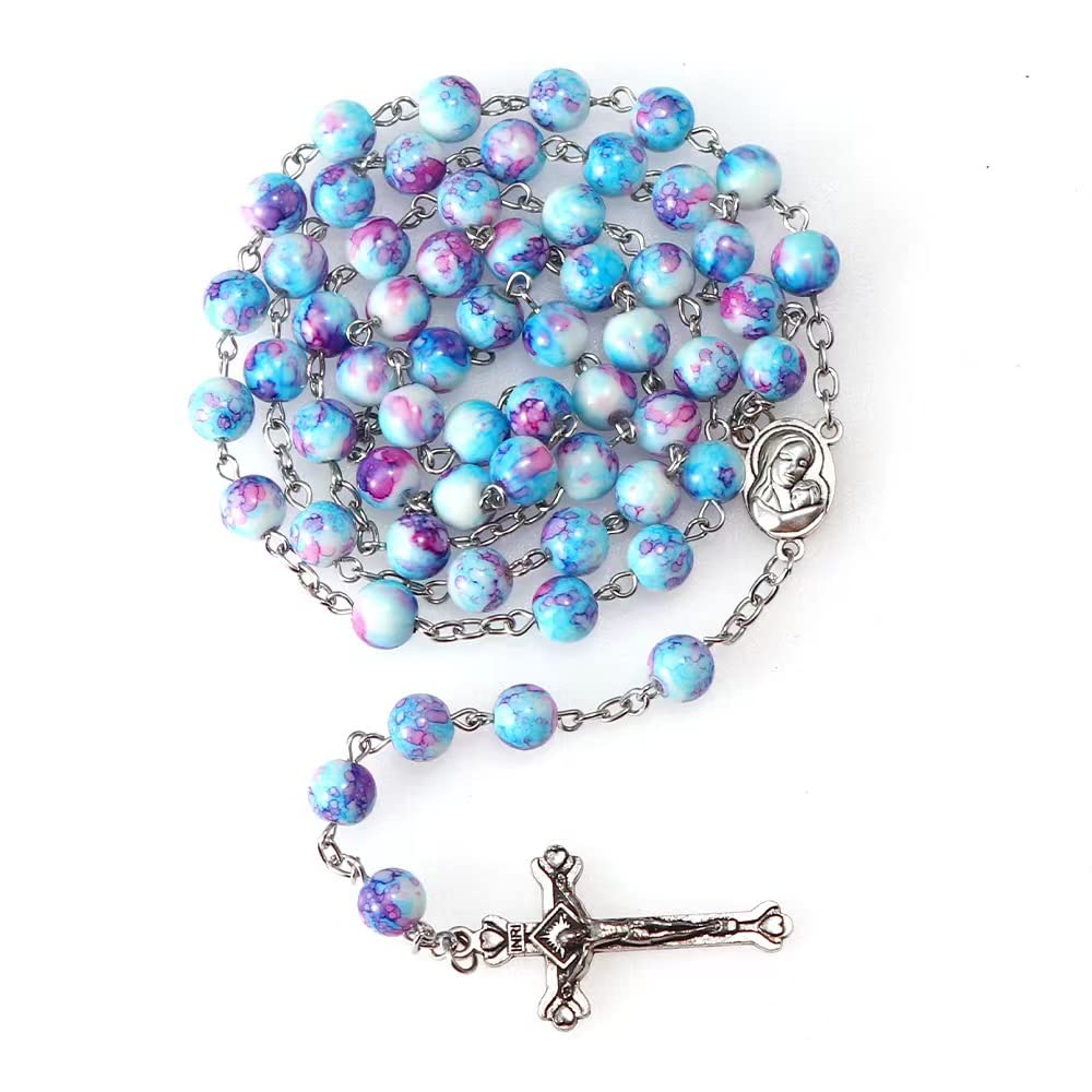 Blue Crystal Rosary Beads for Women - Catholic Prayer Necklace with Vintage Last Supper Jewelry Box - Anglican Christian Gift for Baptism, First Communion & Daily Devotion