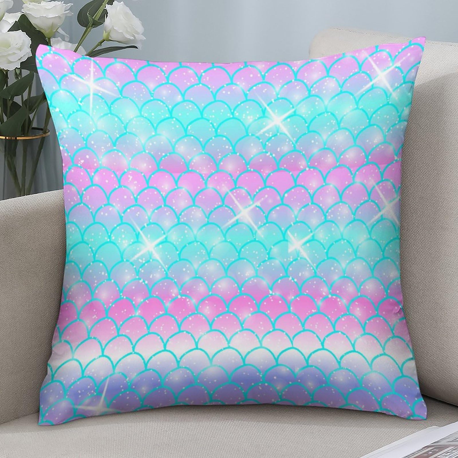 Cute Mermaid Pattern Polyester Pillow Cover - Soft & Smooth 14x14 Inch Square Cushion Case for Sofa, Bed, Dorm Decor - Kawaii Home Accessories