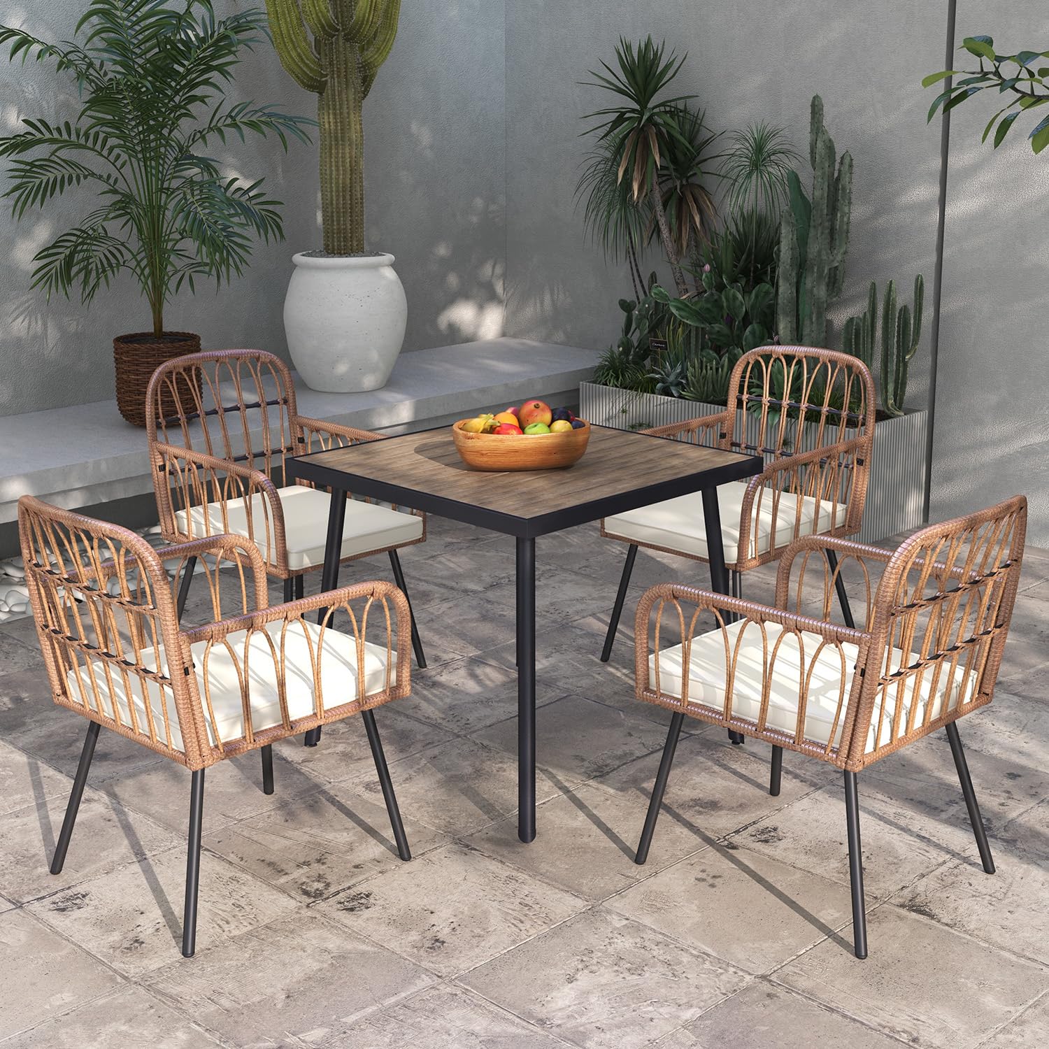 ENSTVER 5-Piece Outdoor Dining Set - All-Weather Rattan Patio Table & 4 Chairs with Cushions, Durable Plastic-Wood Tabletop - Perfect for Backyard, Garden, Poolside & Outdoor Entertaining
