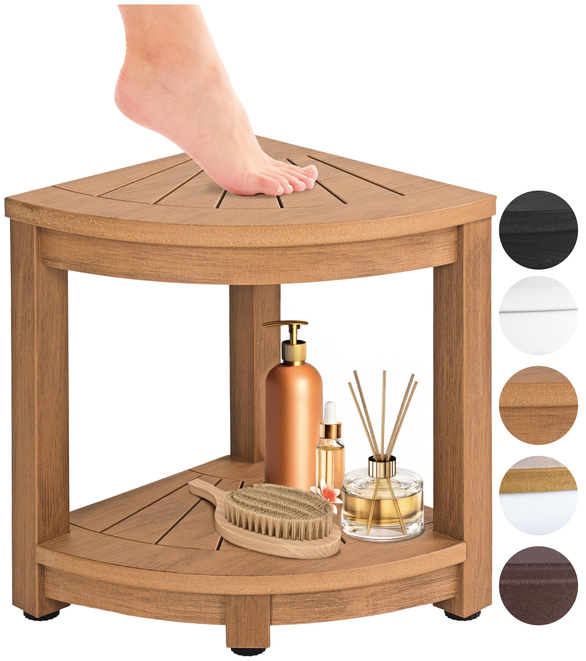 **Waterproof & Non-Slip Teak Shower Stool with Adjustable Shelf - Perfect for Shaving Legs, Bathroom Storage, and Spa Relaxation**