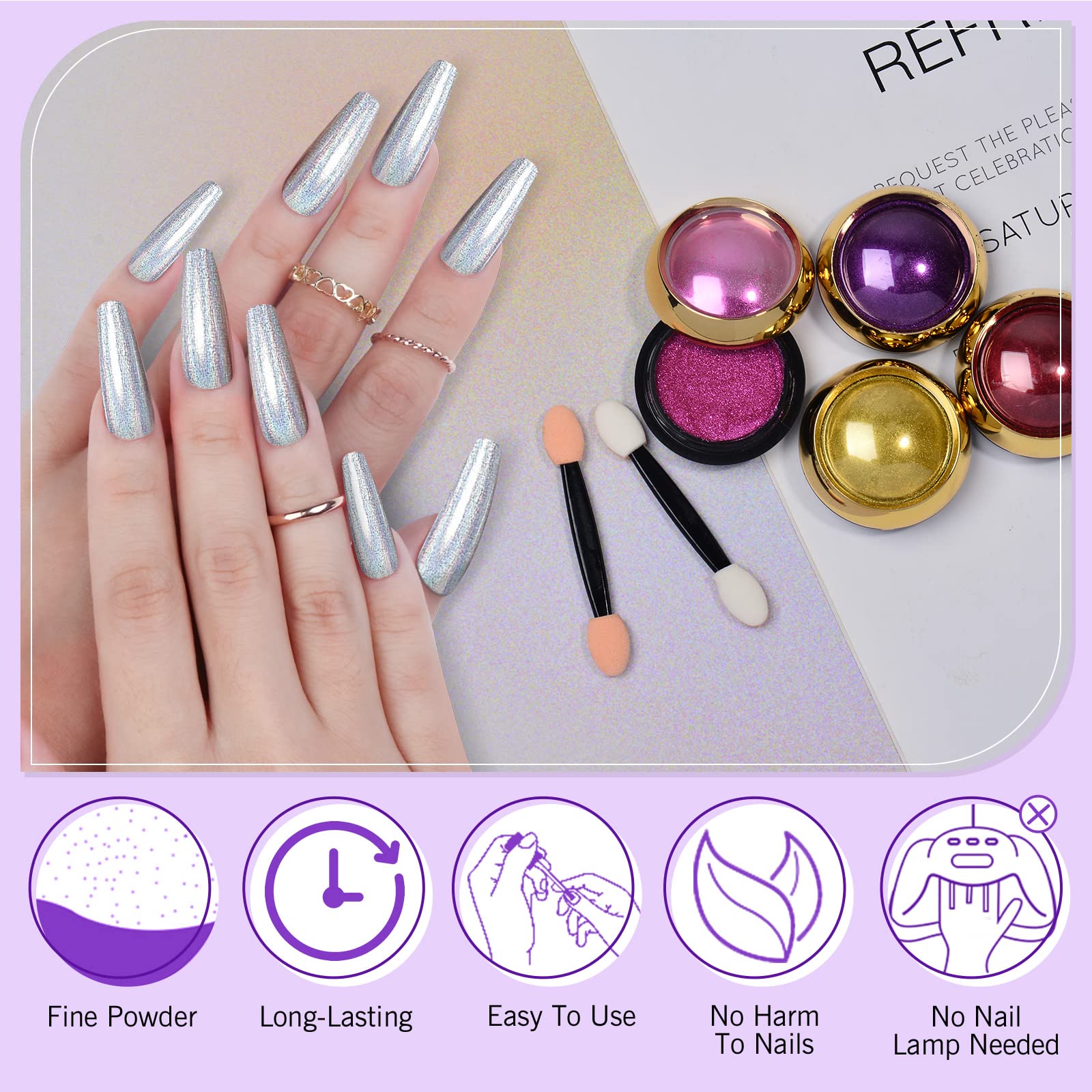 24Pcs Saviland Chrome Nail Powder Set - Metallic Mirror Effect Holographic Nail Powder in Silver, Red, Green & Gold | Professional Nail Art Decoration for Salon, DIY Manicure & Nail Extensions | Long-Lasting Shine for Special Occasions & Everyday Wear