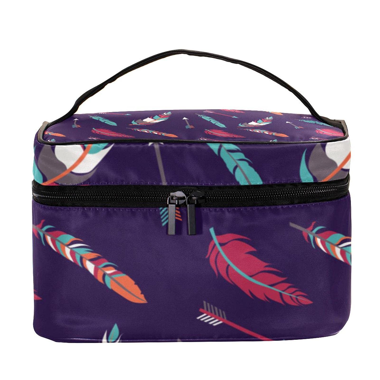 Boho Feather & Arrow Print Large Travel Makeup Bag - Waterproof Cosmetic Organizer with Zipper for Women & Girls | Perfect for Vacation, Gym, Beach Essentials Storage