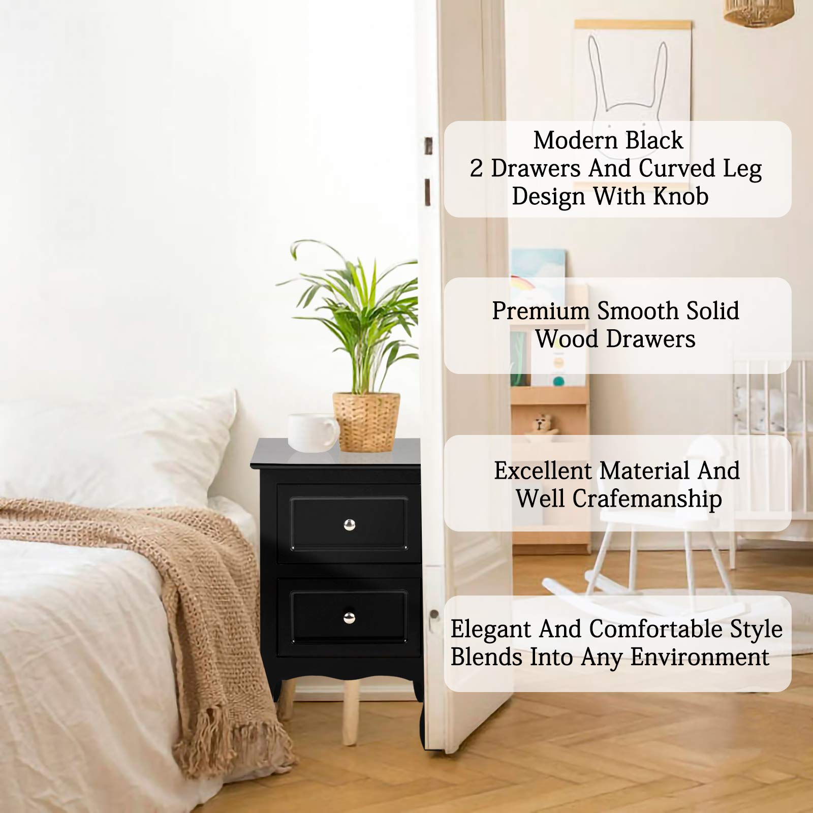 2-Piece Black Wood Nightstand Set with 2 Drawers - Country Style Bedside End Tables for Bedroom, Living Room & Office - Perfect for Small Spaces, Guest Rooms & Apartment Decor