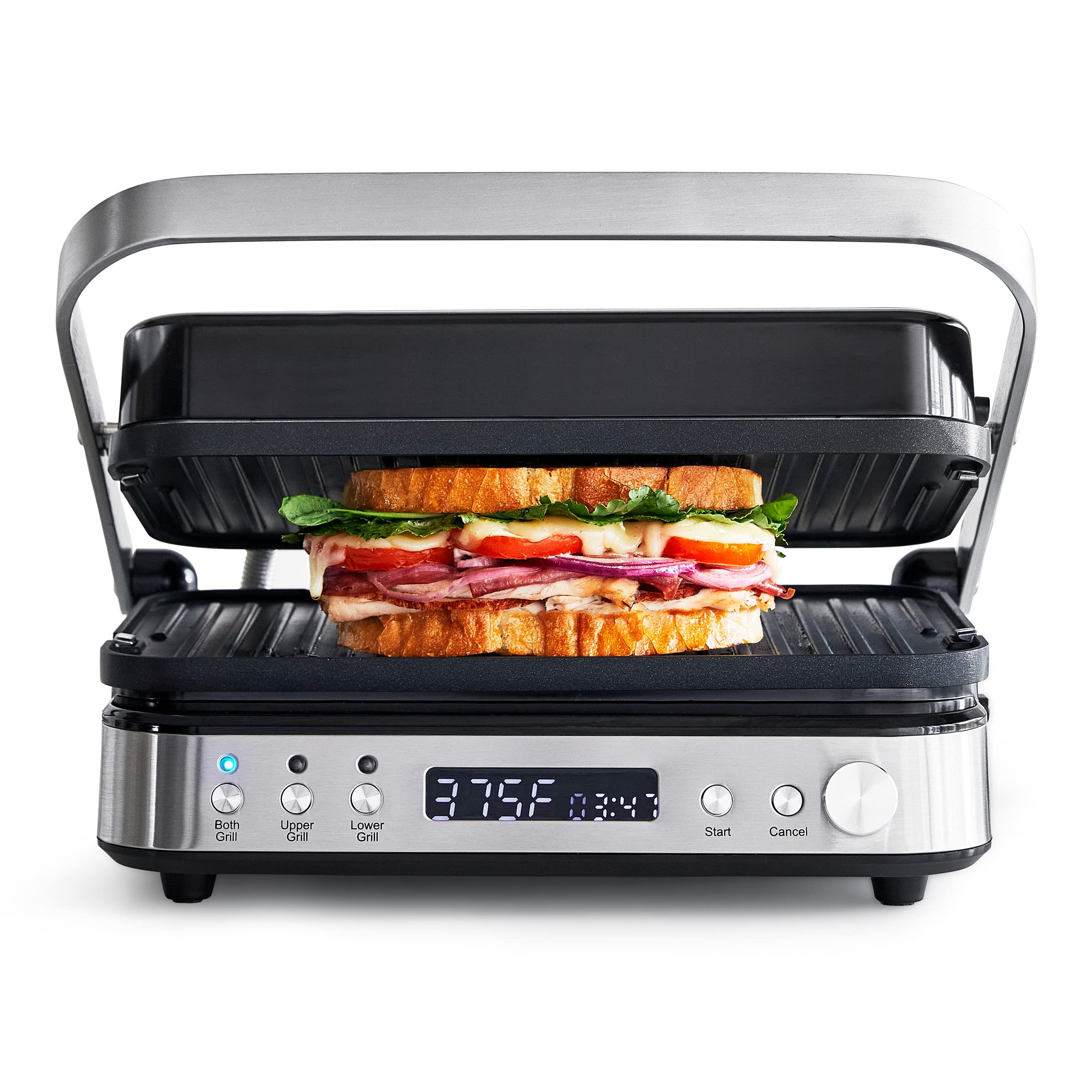 GreenPan Electric Indoor Stainless Steel 6-in-1 Contact Grill & Griddle - Healthy Ceramic Nonstick Coating, Dishwasher Safe Reversible Plates, PFAS-Free - Perfect for Paninis, Sandwiches, Steaks & Breakfast Cooking
