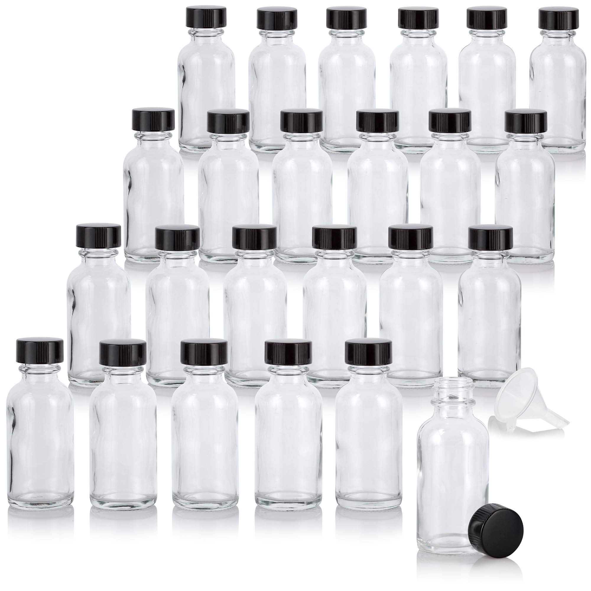 JUVITUS 1 oz (30 ml) Clear Glass Boston Round Bottles with Airtight Phenolic Caps - 24 Pack + Free Funnel - Perfect for Essential Oils, DIY Beauty Products & Travel-Sized Liquids