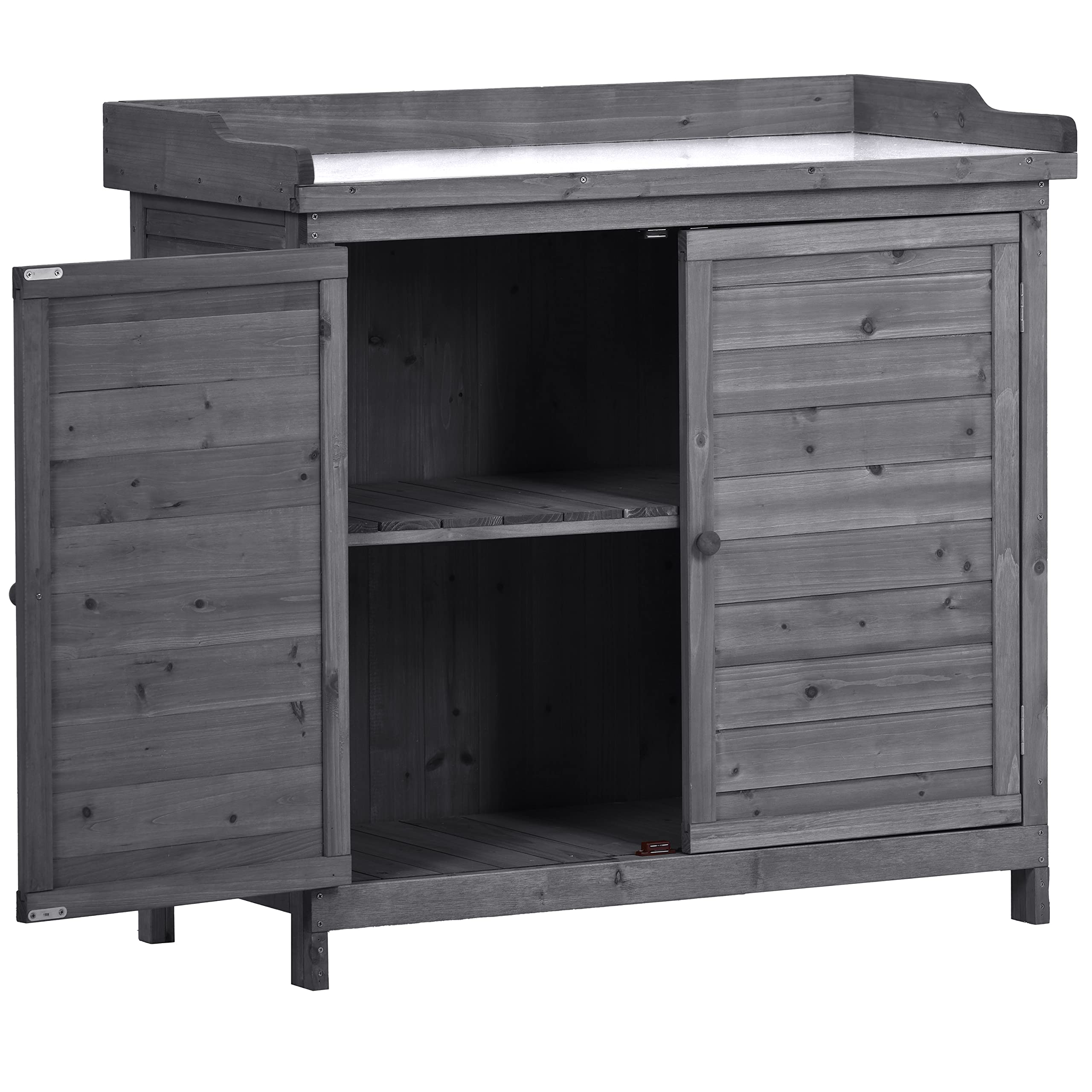 Outdoor Potting Bench with Storage - Weatherproof Garden Work Table with Double Doors, 2-Tier Shelves & Side Hooks - Perfect for Patio, Backyard, Porch Gardening & DIY Projects (Grey)