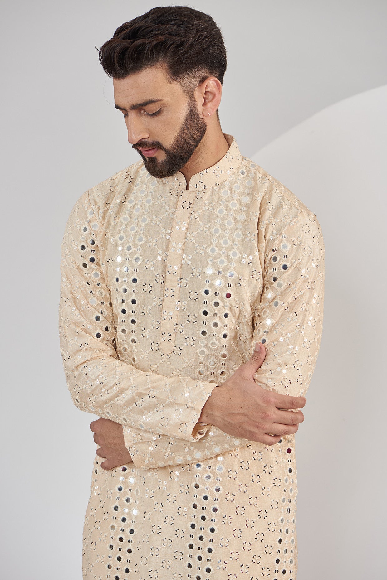 Light Beige Mirrorwork Kurta for Women | Embroidered Ethnic Tunic Top | Boho Chic Indian Apparel | Perfect for Festivals, Weddings & Cultural Events
