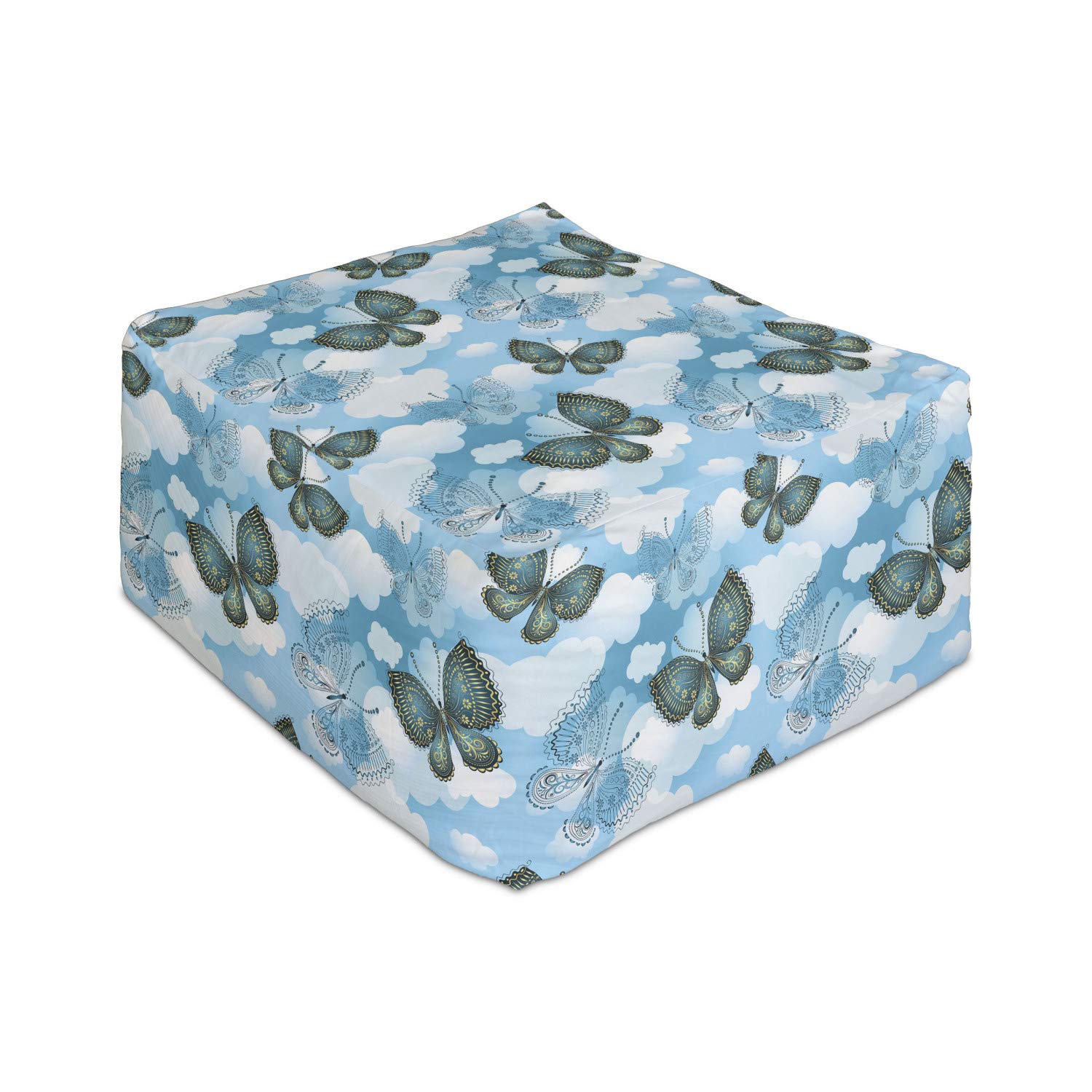 Ambesonne Butterfly Rectangle Pouf Ottoman - Floral Ornamental Moths Design with Sky Clouds Print, 25 Inch Foot Rest Stool for Living Room, Office & Bedroom - Soft Removable Cover in Sky Blue & Dark Teal - Perfect for Relaxing, Reading & Home Decor